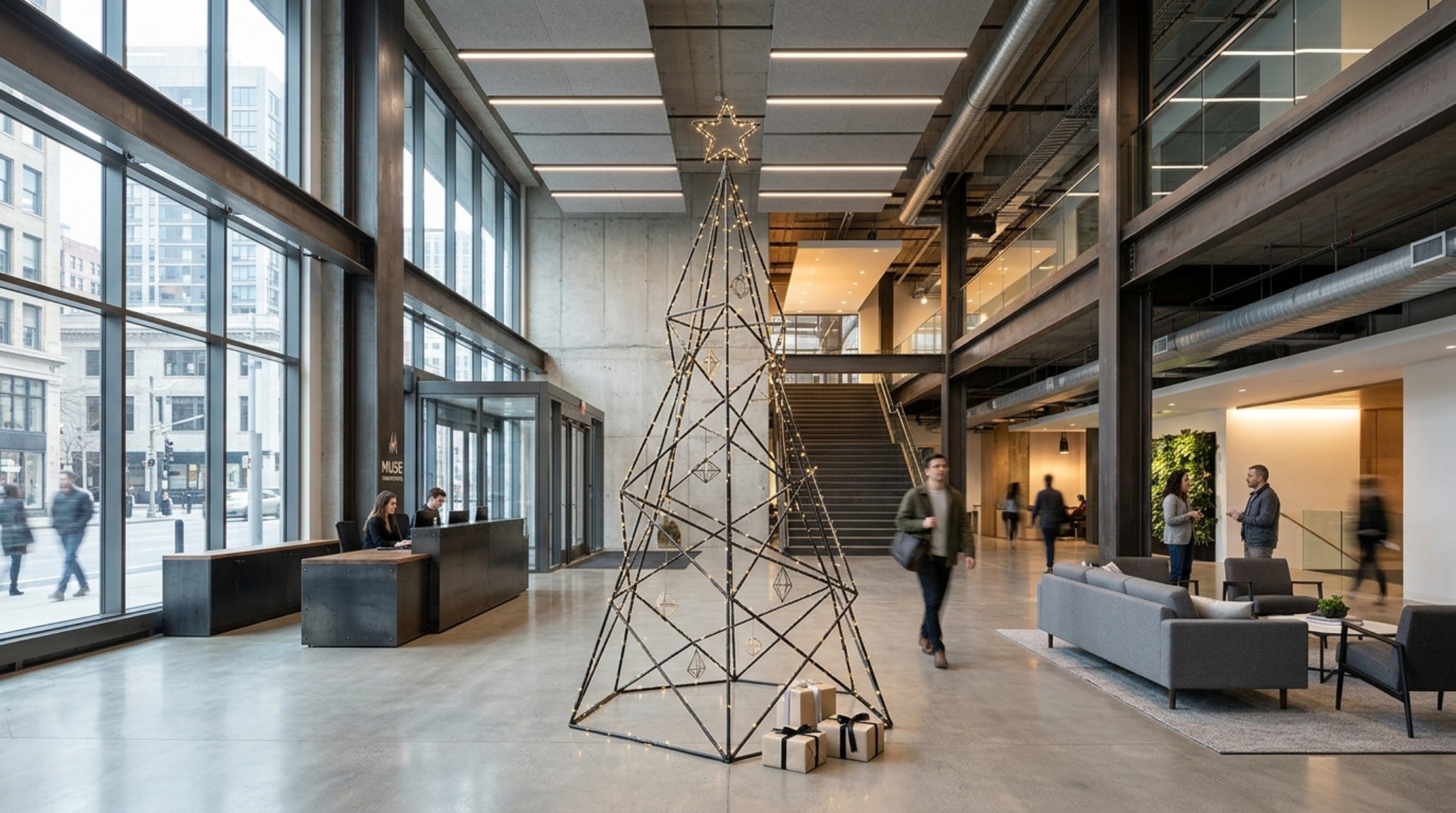 modern christmas decorating ideas for the office ideas depicting a geometric metal tree abstraction in a high-ceilinged industrial lobby modern christmas decorating ideas for the office ideas depicting a geometric metal tree abstraction in a high-ceilinged industrial lobby