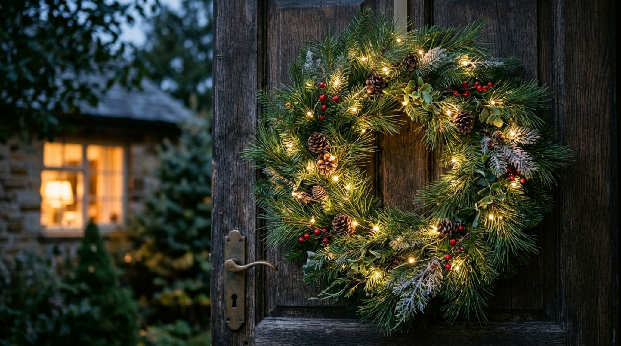 how to decorate christmas wreaths lighting guide illustrating the use of warm 2700K micro-LEDs hidden within cedar branches
