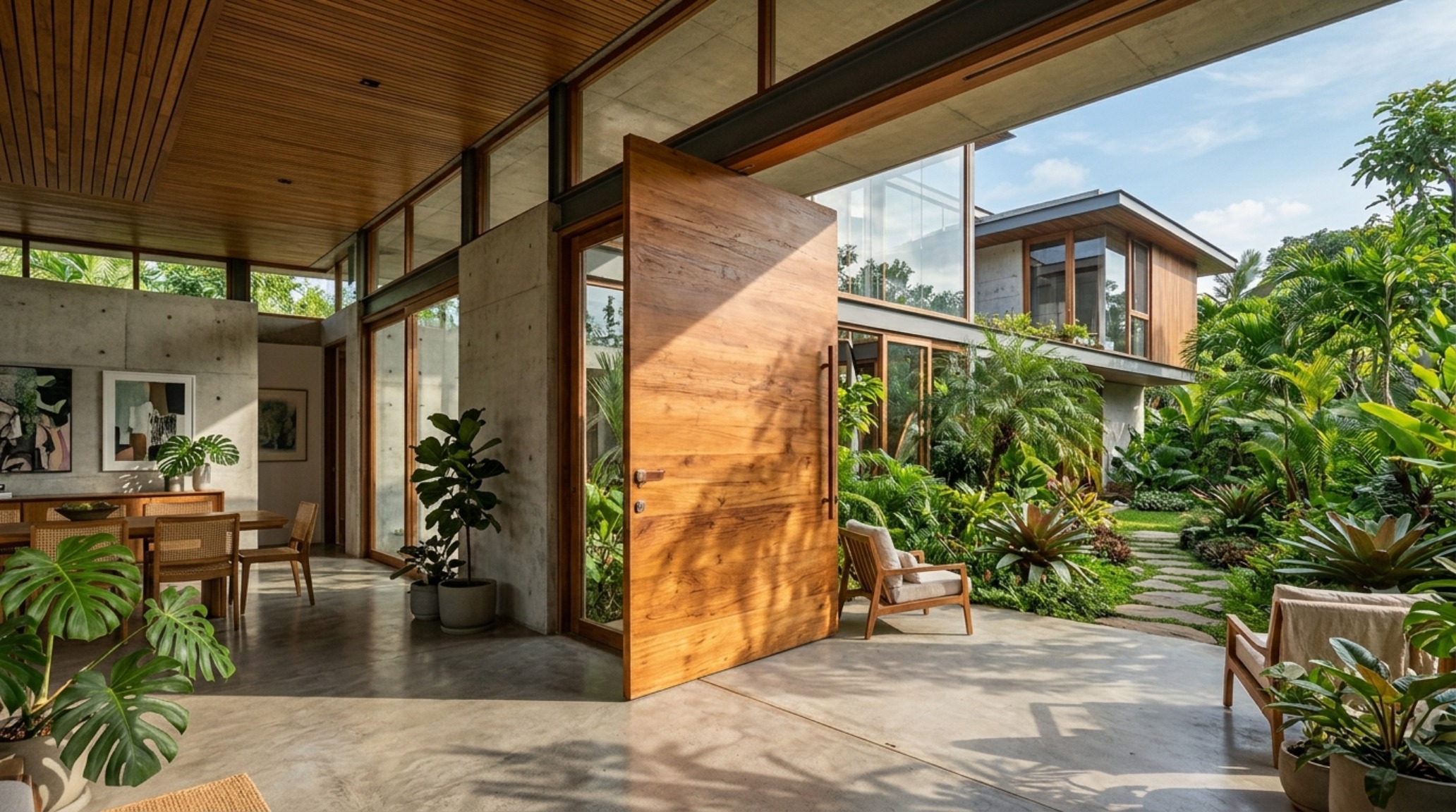 modern modern tropical architecture ideas highlighting a large pivot door made of teak wood connecting an indoor living area to a lush lanai modern modern tropical architecture ideas highlighting a large pivot door made of teak wood connecting an indoor living area to a lush lanai