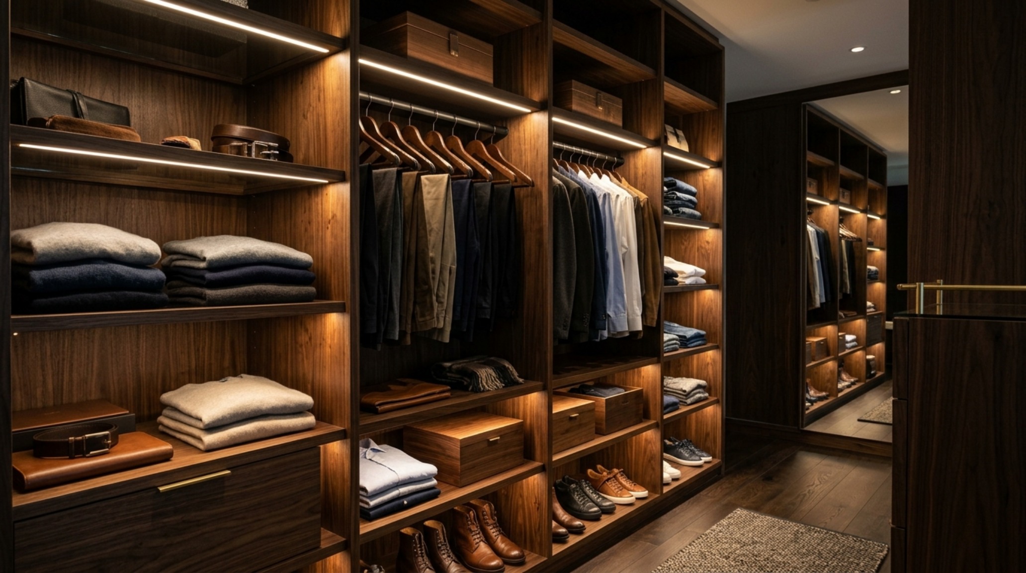 Walk in clothes closet lighting guide showcasing 3000K recessed LED channels and a high CRI 92+ ambient chandelier.