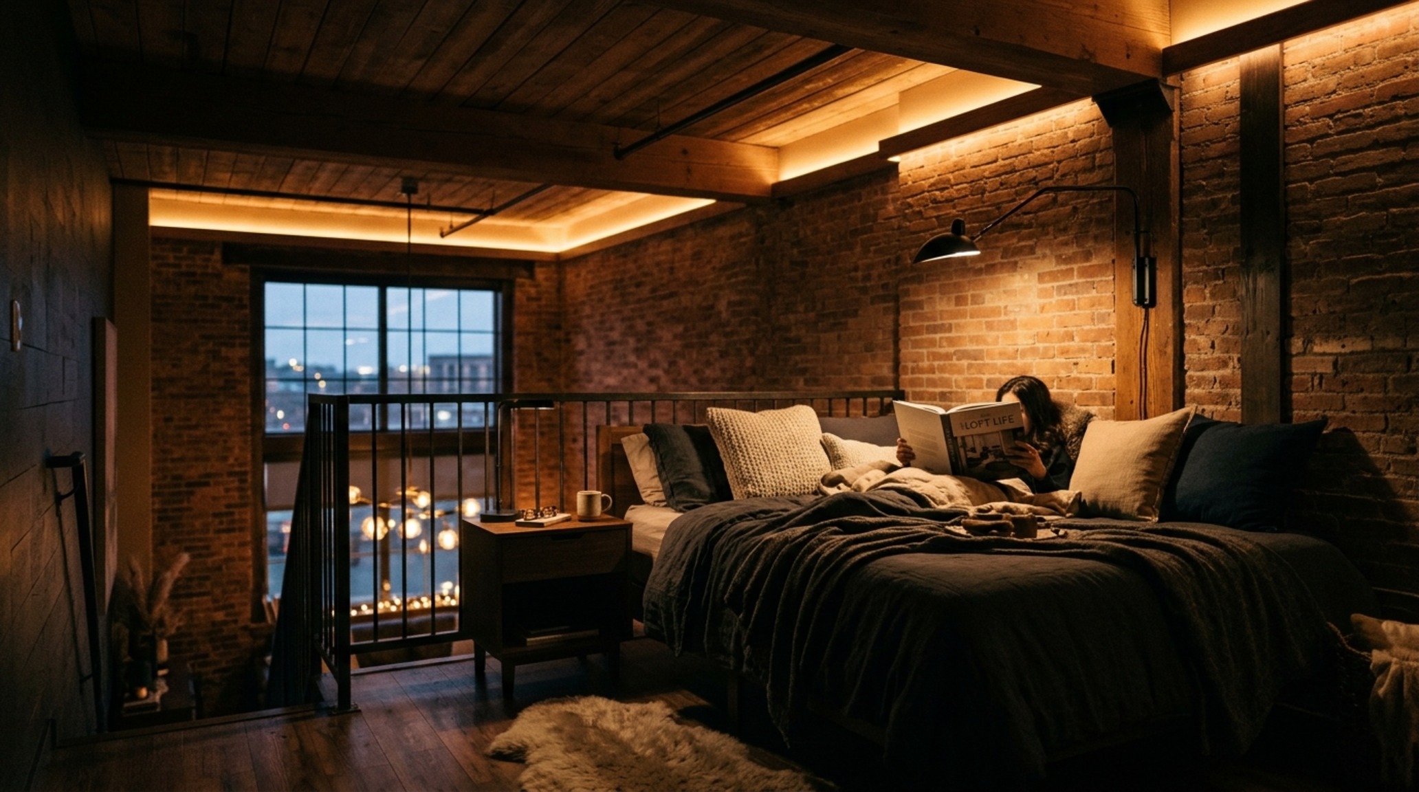 loft bedroom design lighting guide illustration with warm 2700K recessed LED strips and a matte black swing-arm wall sconce