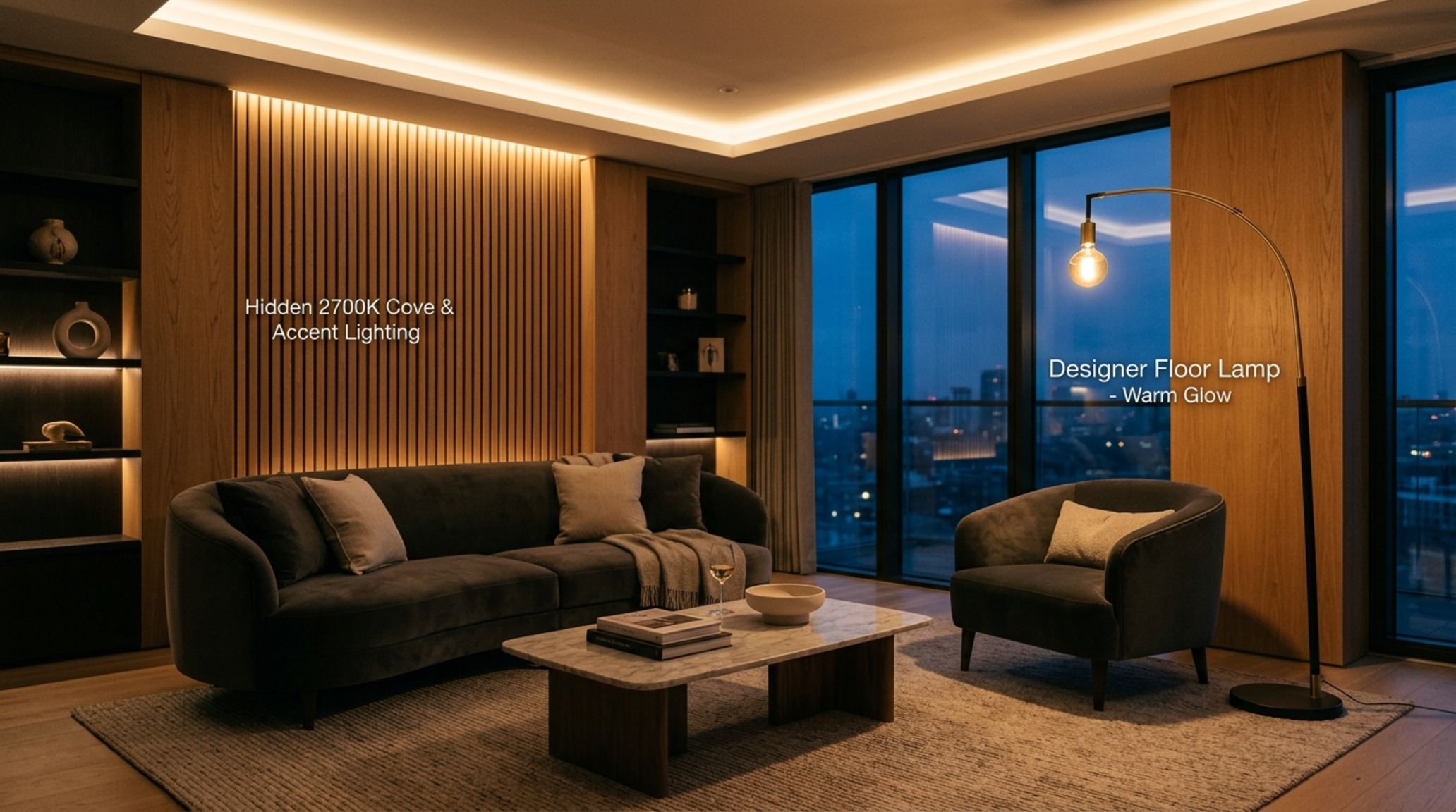 luxury living room furniture sets lighting guide illustrating layered 2700K ambient lighting and a sculptural 3000K task floor lamp