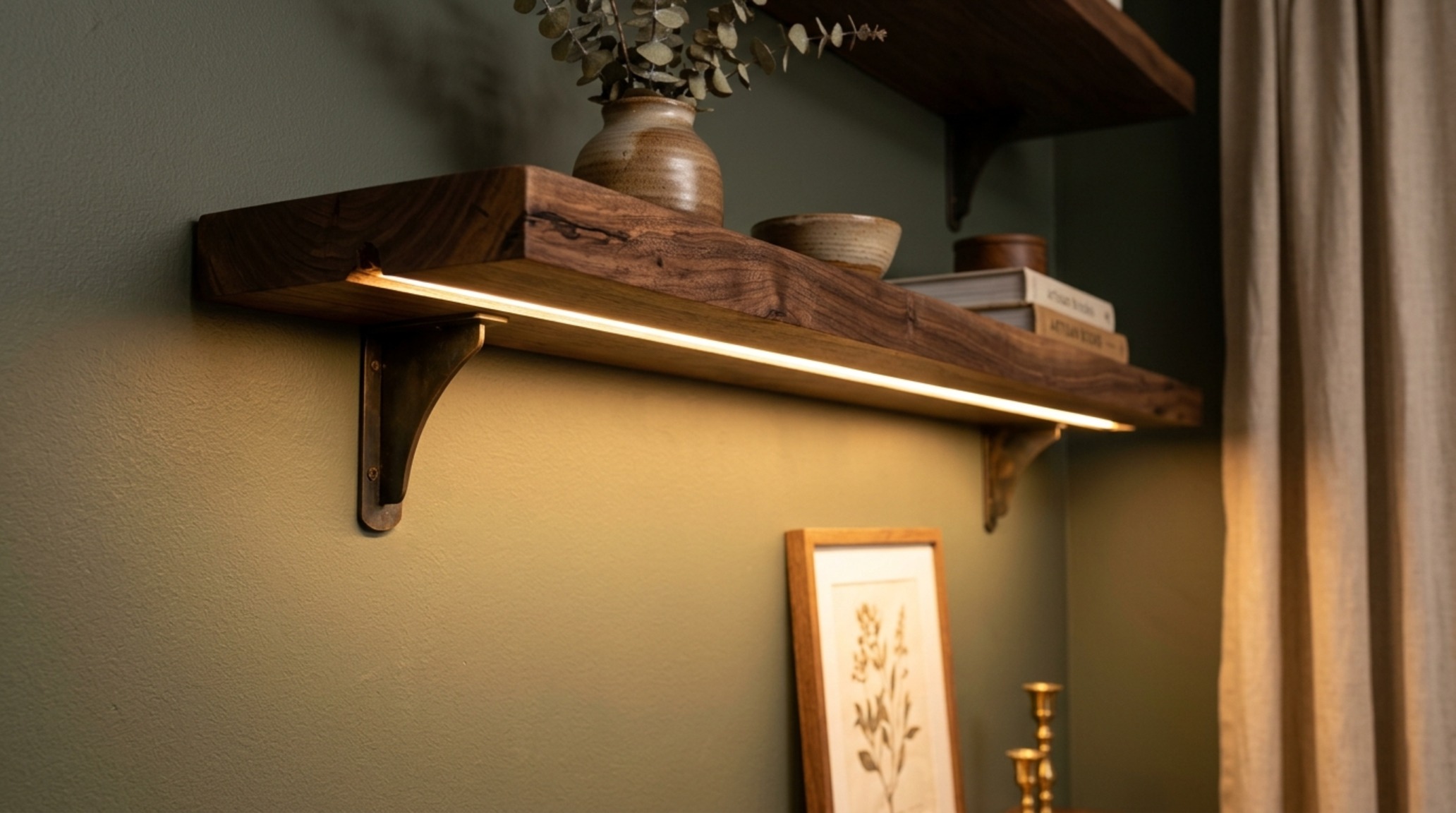 unusual shelf brackets lighting guide demonstration with integrated 2700K LED strips hidden within walnut shelf supports for a soft diffused wall wash