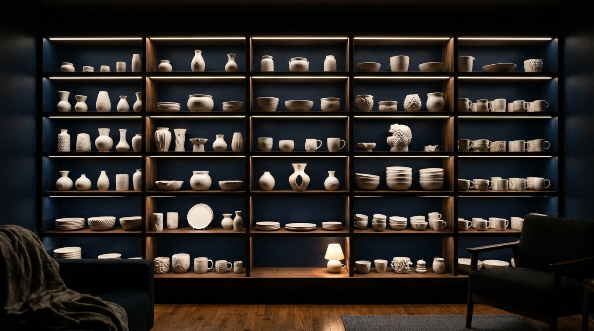 30 shelves lighting guide demonstration using 2700K warm recessed COB LEDs to illuminate a library collection with high CRI 95 color accuracy.