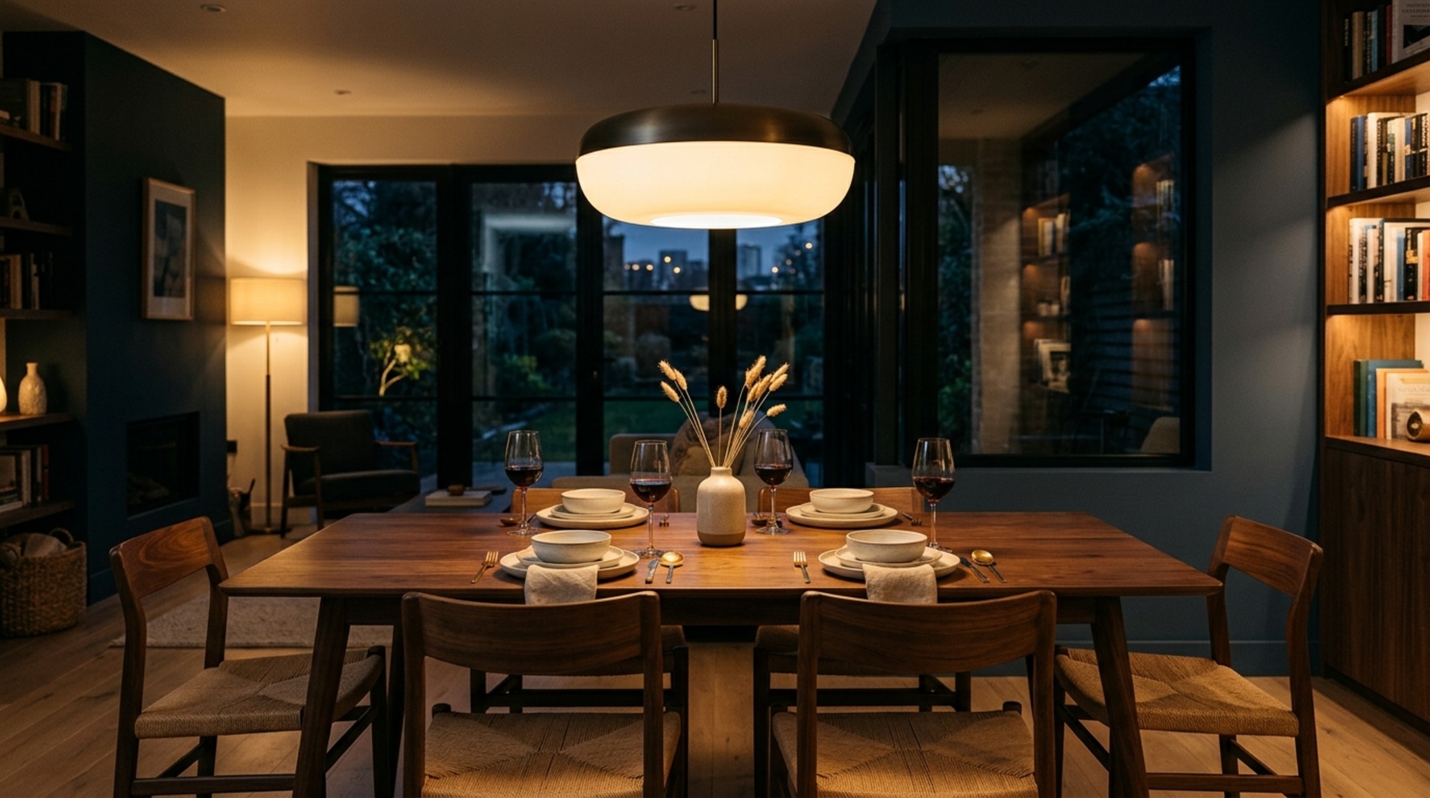 best dining sets lighting guide featuring a large linen drum pendant hung 30 inches above a rustic reclaimed wood table