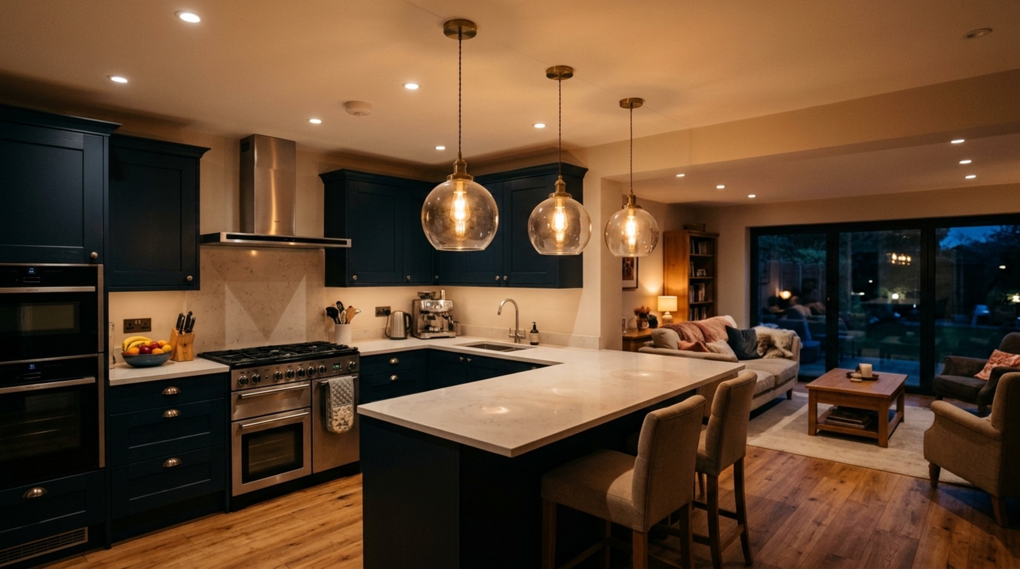 modern l shaped kitchen designs ideas displaying a seamless transition from a culinary prep zone to an open-plan living area with minimal cabinetry and negative space