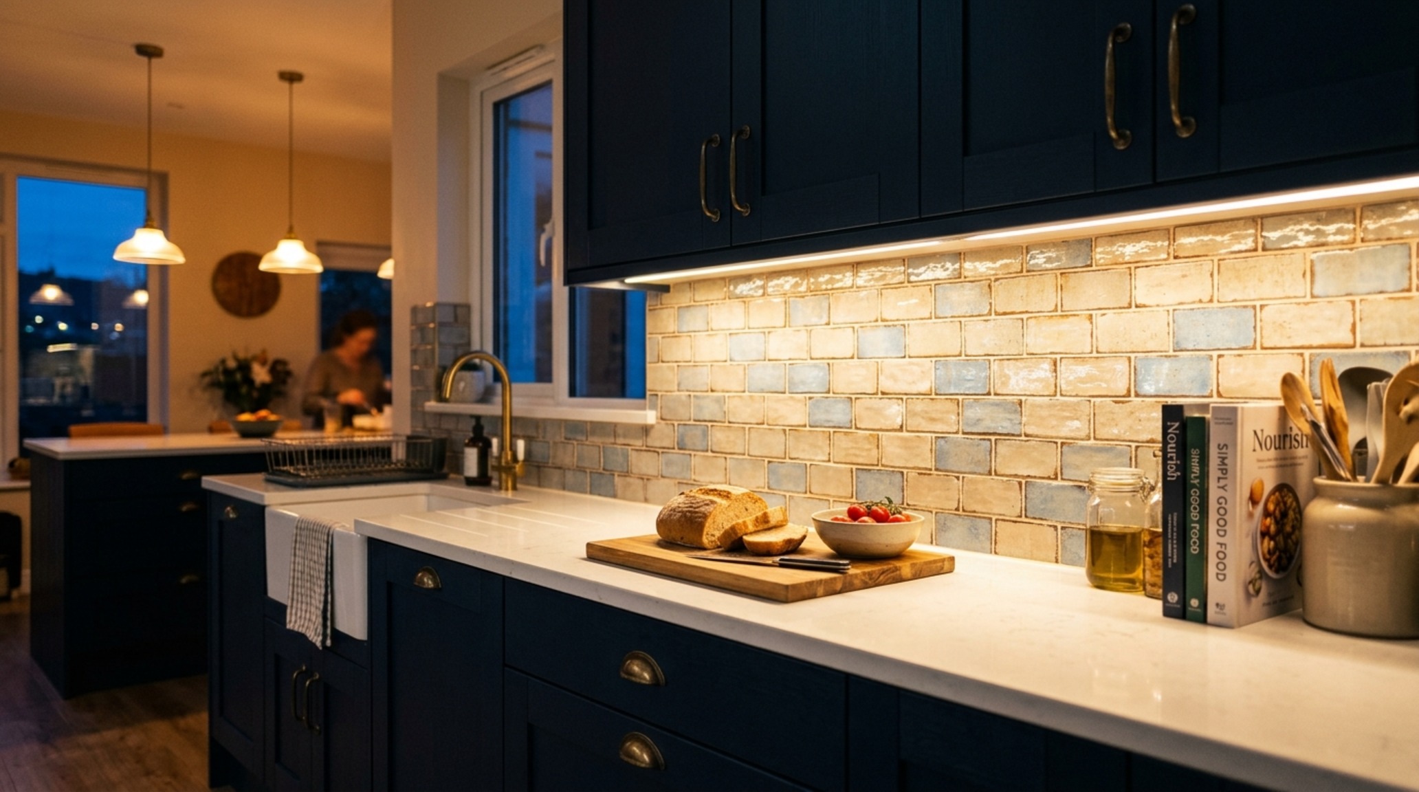 kitchen cabinet floor plans lighting guide demonstrating 2700K warm LED task lighting under dark charcoal upper cabinets and glowing toe-kicks.