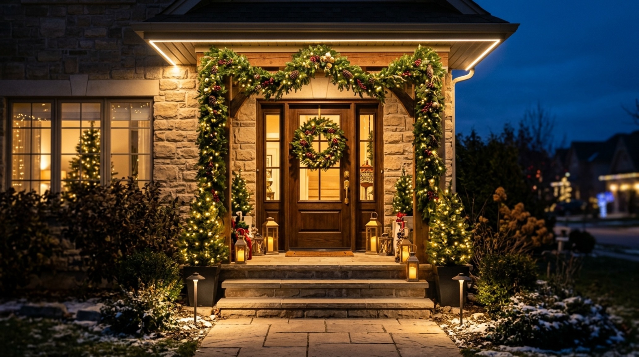 front door christmas decorating ideas lighting guide illustrating 2700K warm ambient glow with high CRI 90+ LEDs highlighting the texture of a stone porch.