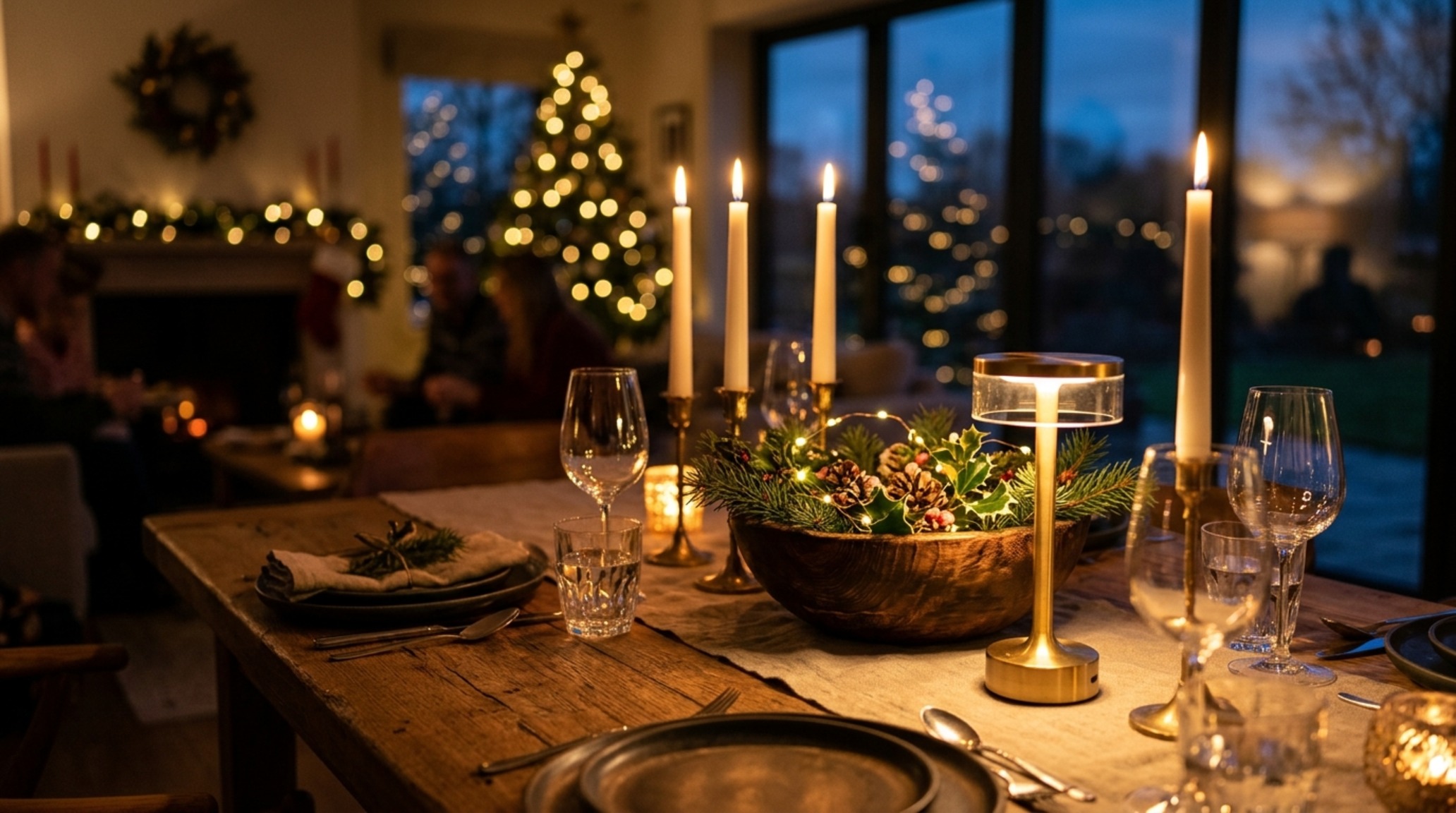 table decorations for christmas lighting guide showcasing the warm 2700K glow of taper candles and cordless LED accent lamps reflected in crystal glassware table decorations for christmas lighting guide showcasing the warm 2700K glow of taper candles and cordless LED accent lamps reflected in crystal glassware