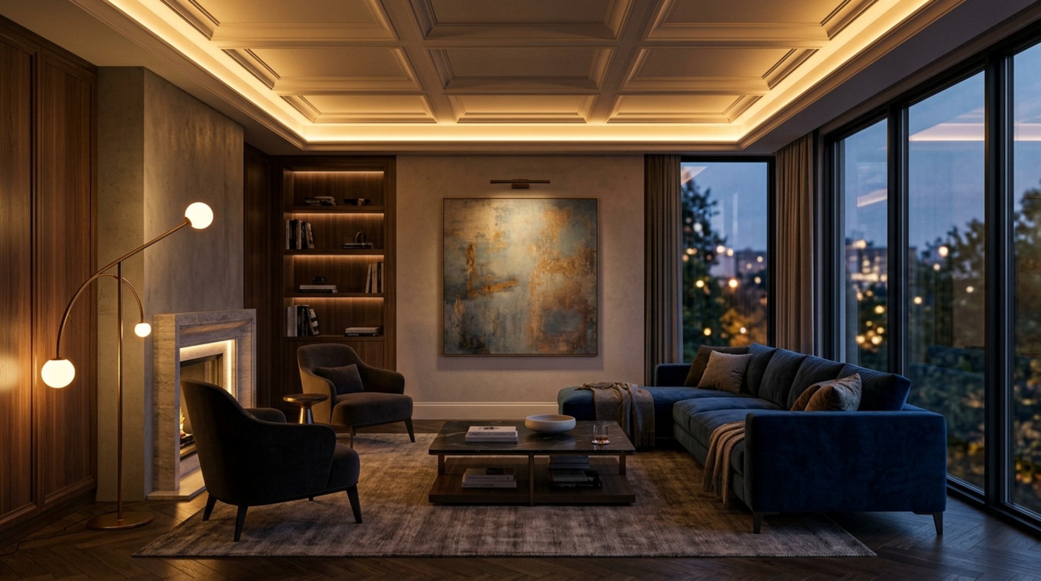 interior design advice lighting guide demonstrating layered illumination with hidden LED cove lighting and a sculptural black floor lamp at 2700K color temperature