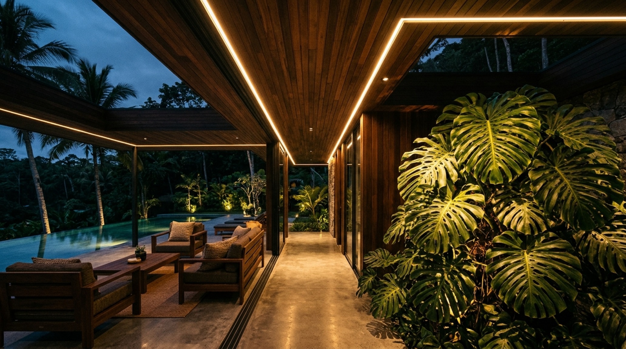 modern tropical architecture lighting guide illustrating 2700K recessed LED channels and up-lighting for indoor tropical plants modern tropical architecture lighting guide illustrating 2700K recessed LED channels and up-lighting for indoor tropical plants