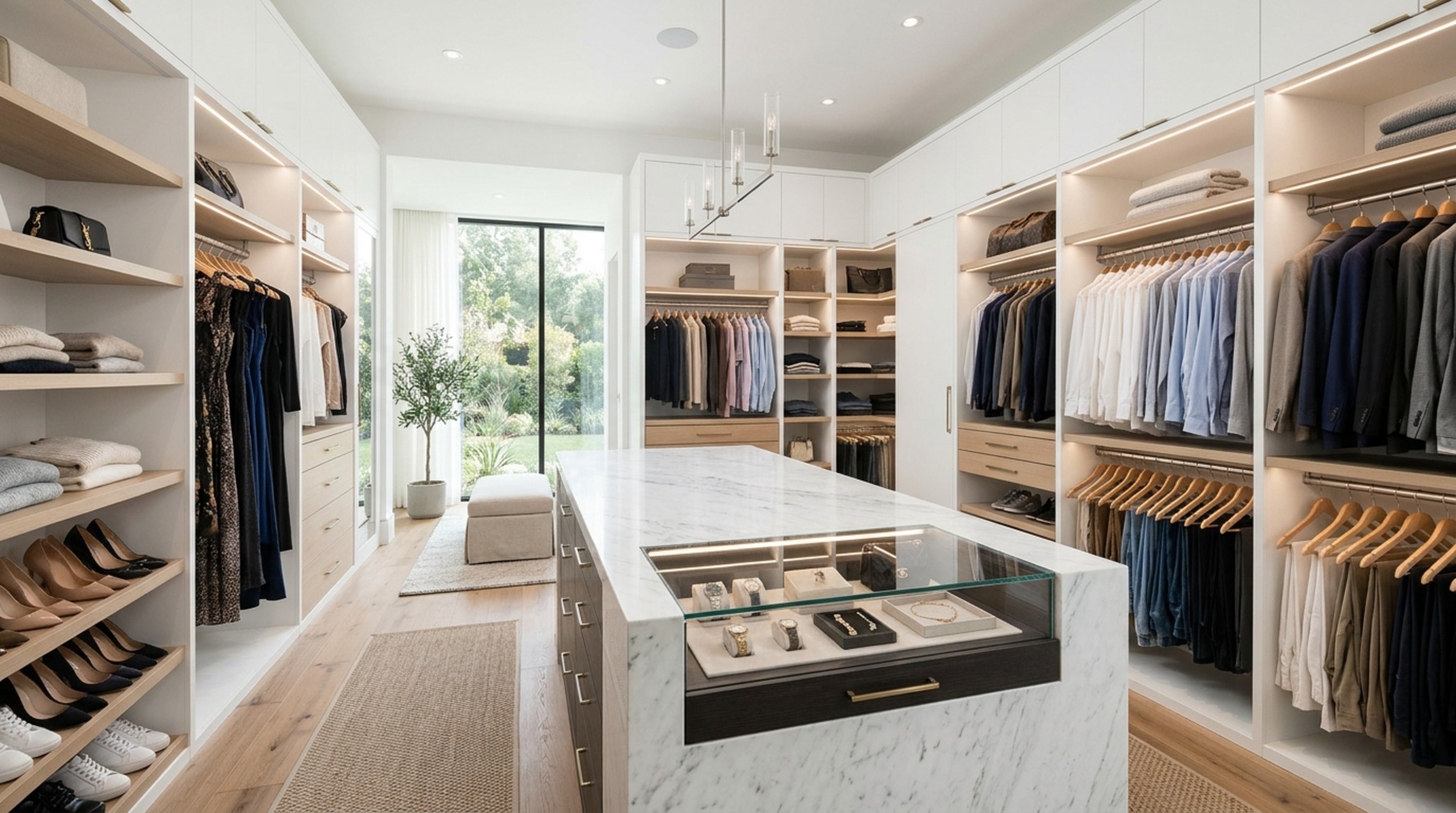 modern walk in clothes closet ideas featuring a central Arabescato marble island with glass display top for curated accessory organization modern walk in clothes closet ideas featuring a central Arabescato marble island with glass display top for curated accessory organization