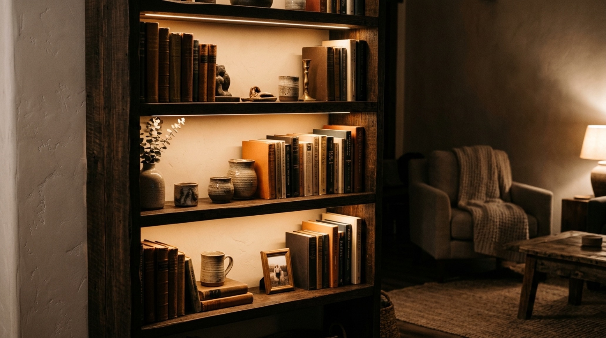 Modern rustic furniture lighting guide showing warm 2700K LED strips highlighting the grain of a reclaimed floating shelf. Modern rustic furniture lighting guide showing warm 2700K LED strips highlighting the grain of a reclaimed floating shelf.