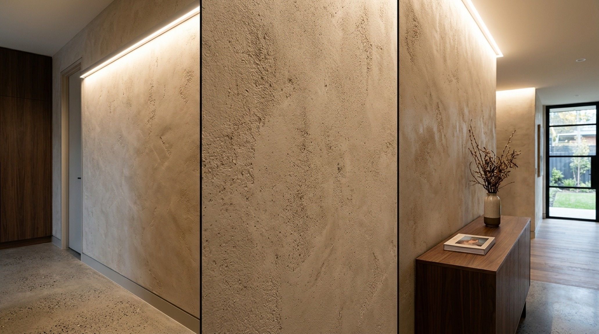 wall panels interior design lighting guide illustration with high CRI 90+ LED strips highlighting textured plaster wall panels and soft shadows. wall panels interior design lighting guide illustration with high CRI 90+ LED strips highlighting textured plaster wall panels and soft shadows.