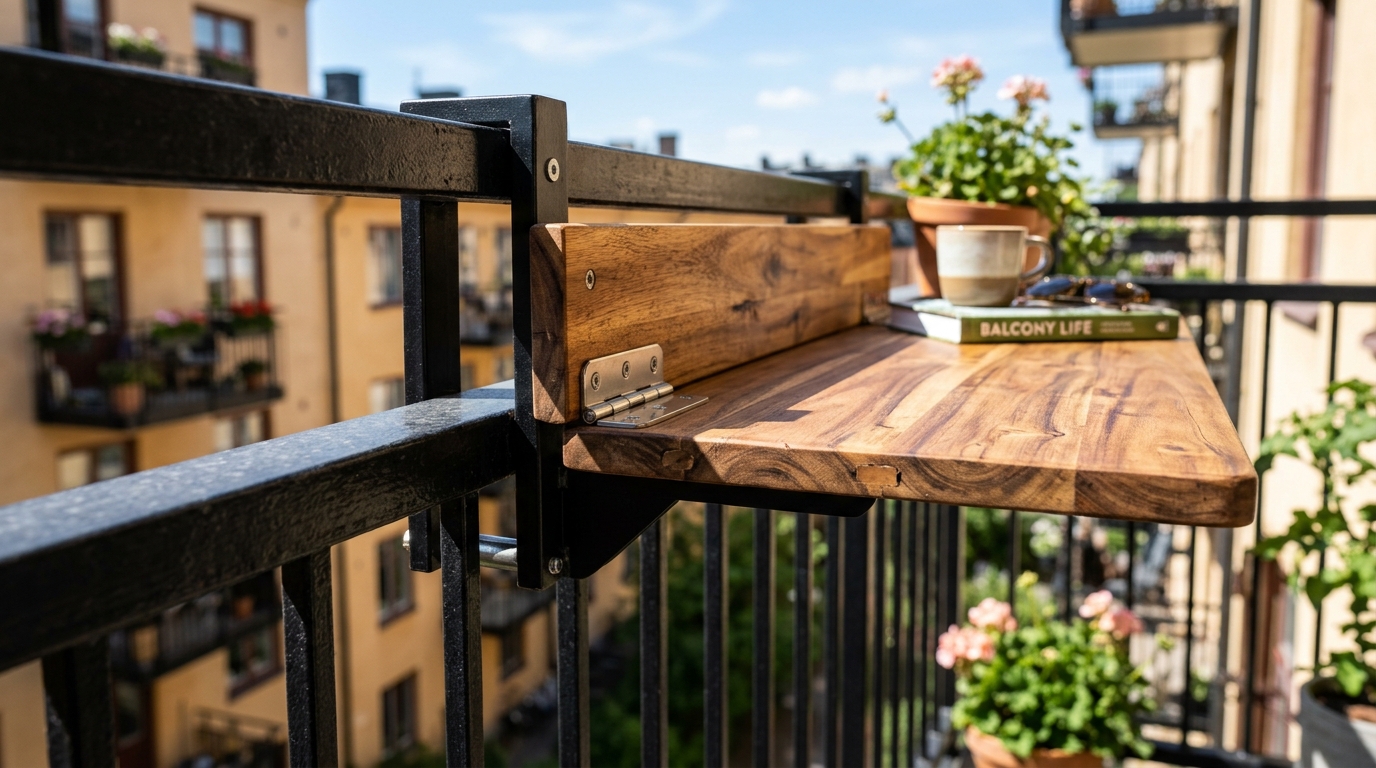 Close-up of a multi-functional folding table mounted on a balcony rail, showcasing ingenious space-saving hacks for modern living.