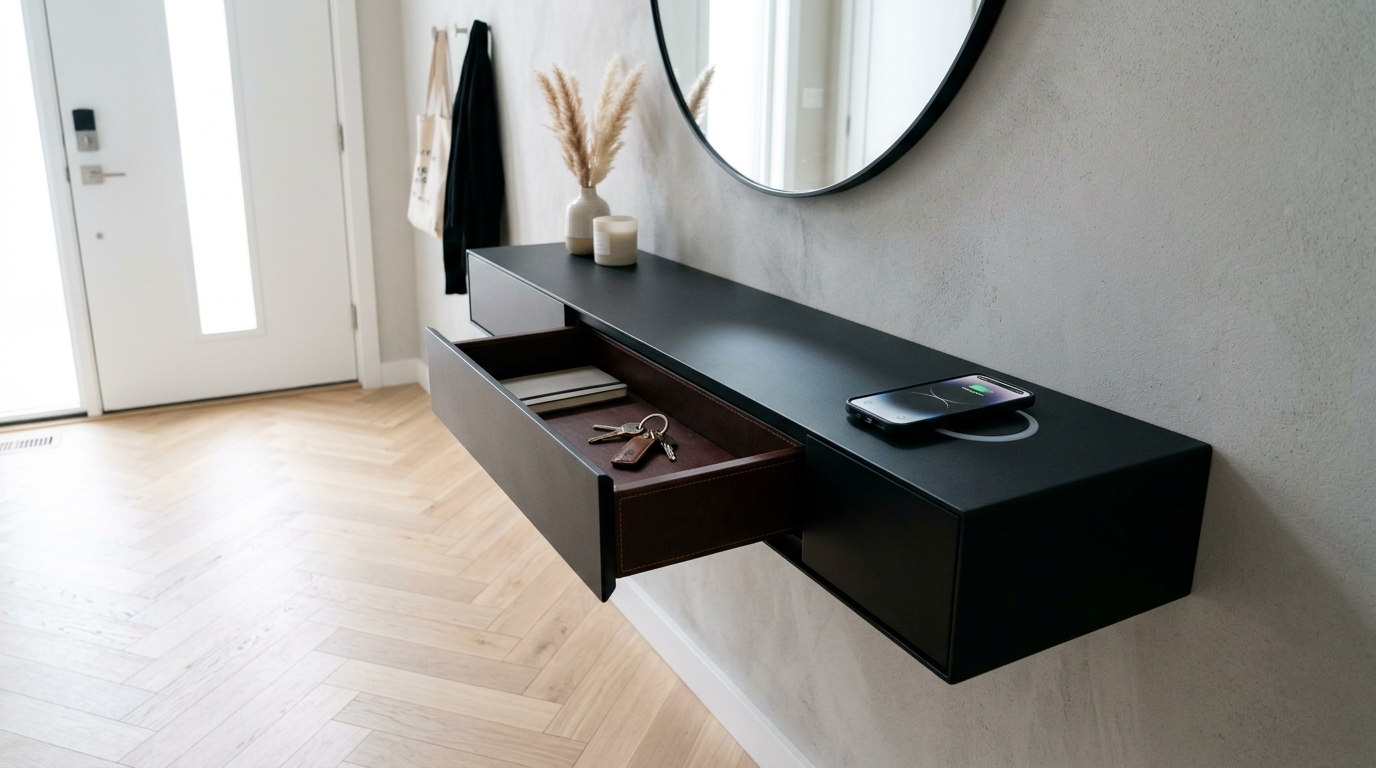 Functional entryway ergonomics featuring a wall-mounted console with integrated tech charging and hidden storage.