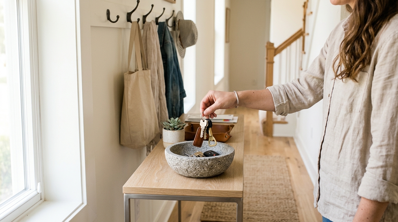 Functional lifestyle shot of a person placing keys on a 12-inch deep slim console in a modern boho-chic narrow entryway. Functional lifestyle shot of a person placing keys on a 12-inch deep slim console in a modern boho-chic narrow entryway.