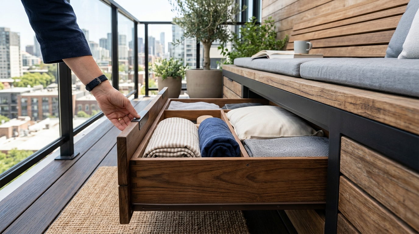 A lifestyle snapshot of a functional balcony featuring a built-in bench with hidden storage compartments for ergonomic urban living.
