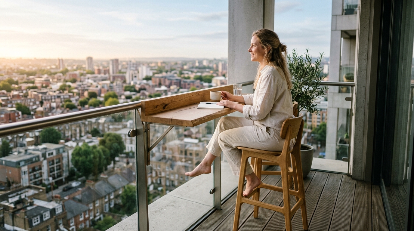 A person comfortably seated at a counter-height balcony bar, illustrating ergonomic 18-inch reach and proper lumbar support in a small space.
