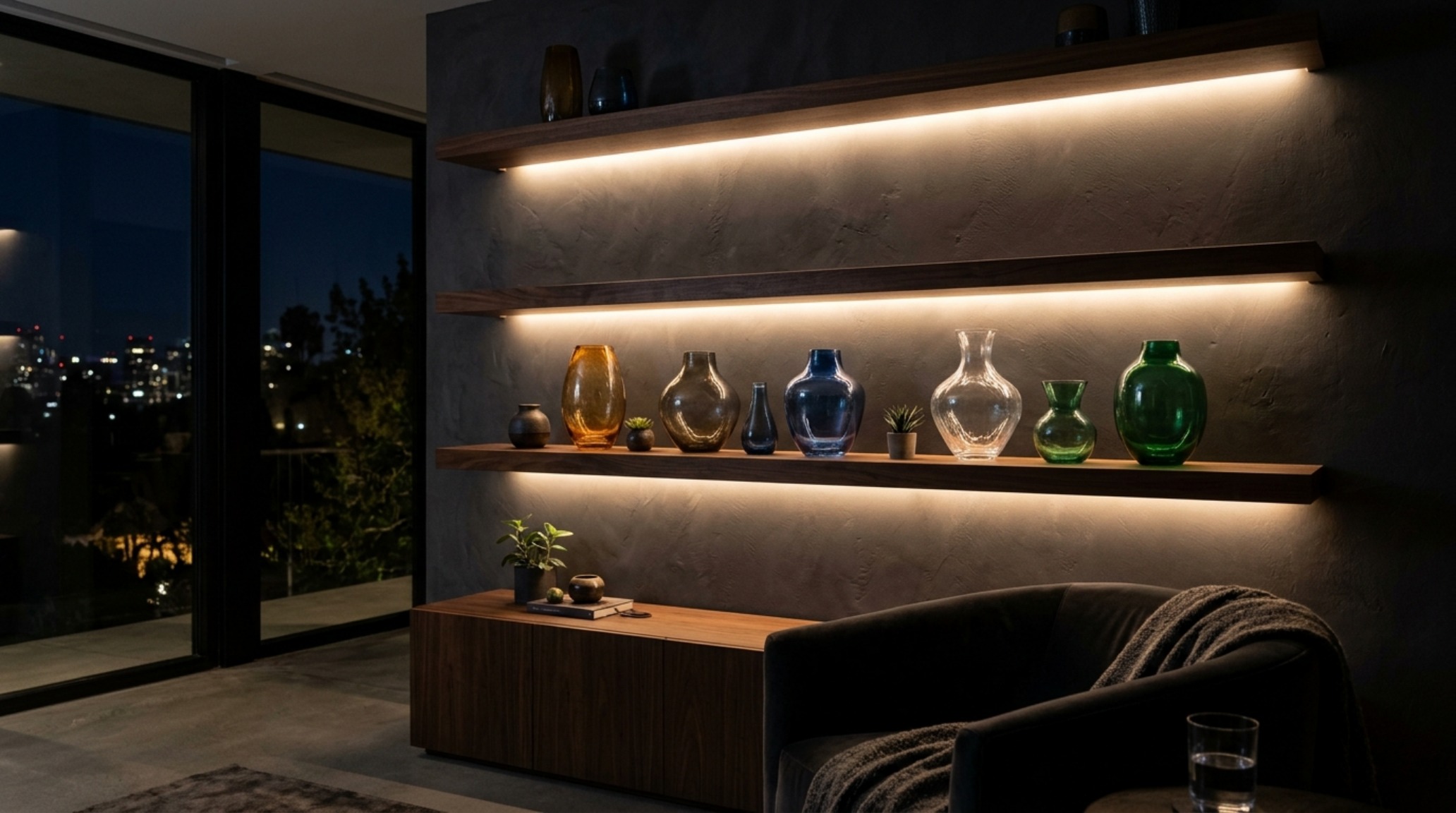 Evening architectural photography showing the 2700K warm glow from integrated COB LED strips beneath floating shelves, part of a comprehensive living room floating shelves ideas lighting guide.