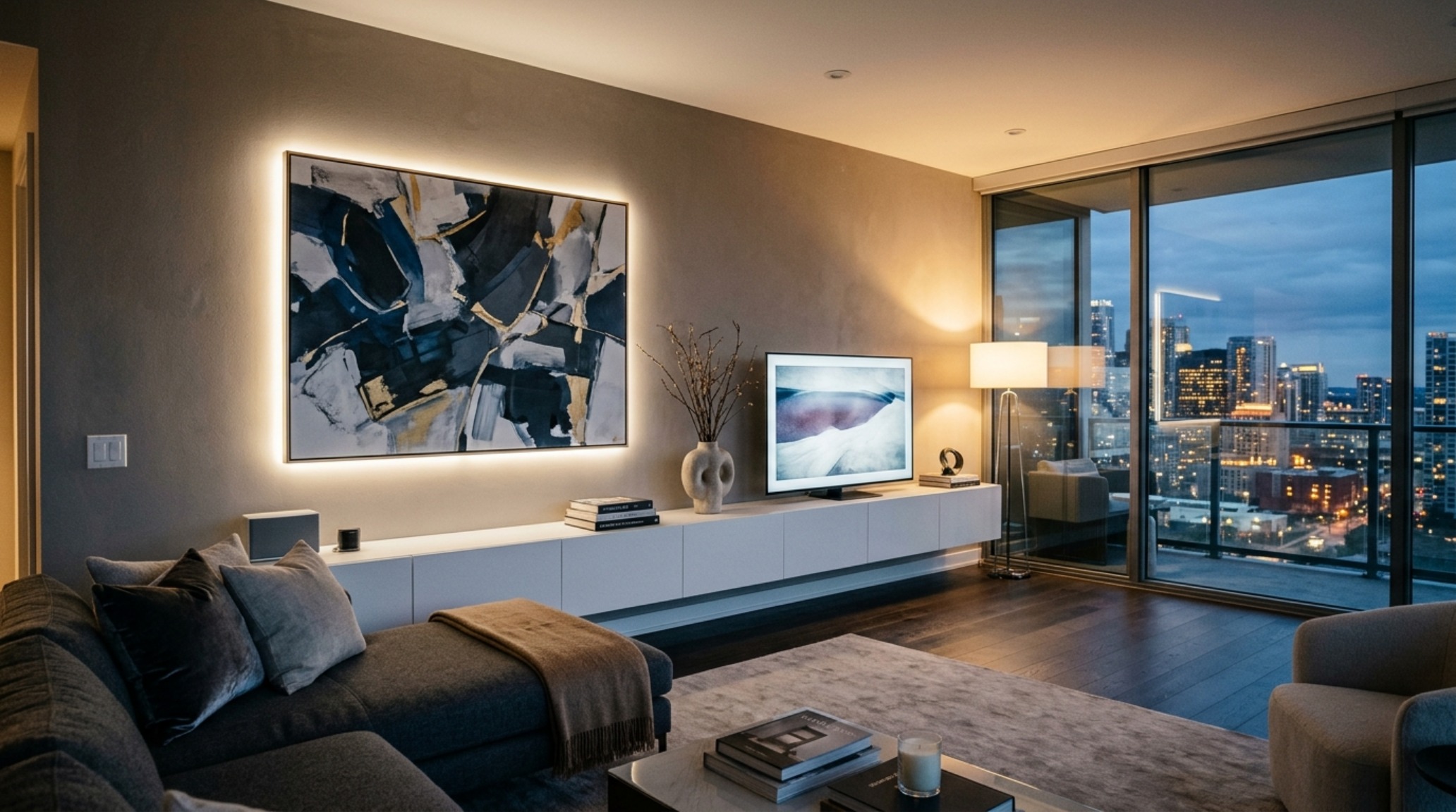 Luxury living room floating shelves ideas featuring a long horizontal run of shelves used as a floating media console with a honed stone top plate. Luxury living room floating shelves ideas featuring a long horizontal run of shelves used as a floating media console with a honed stone top plate.
