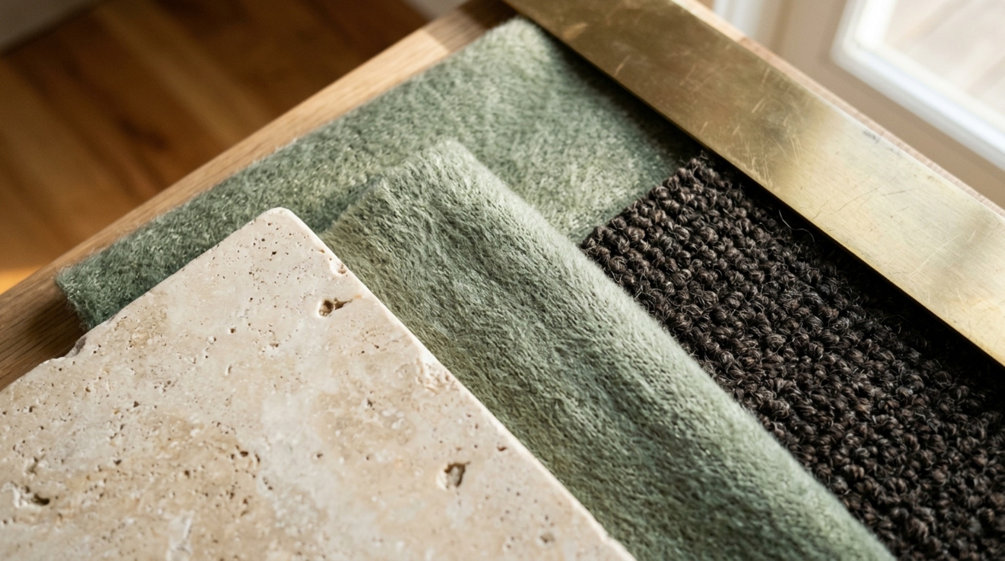 Close-up of tactile materials including a honed travertine side table, sage mohair cushions, and a deep brown wool rug under warm 2700K lighting. Close-up of tactile materials including a honed travertine side table, sage mohair cushions, and a deep brown wool rug under warm 2700K lighting.