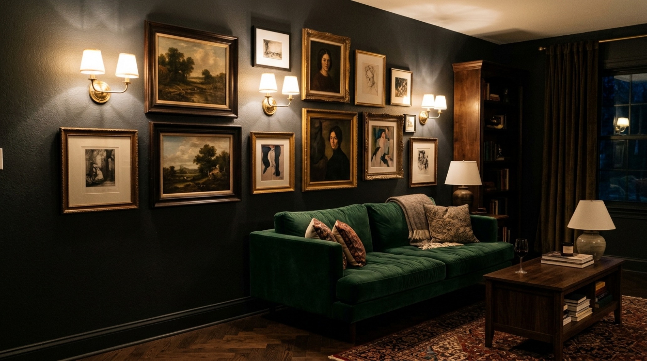 Atmospheric lighting shot featuring 2700K warm sconces and high-CRI bulbs highlighting a gallery wall in a luxury studio apartment.