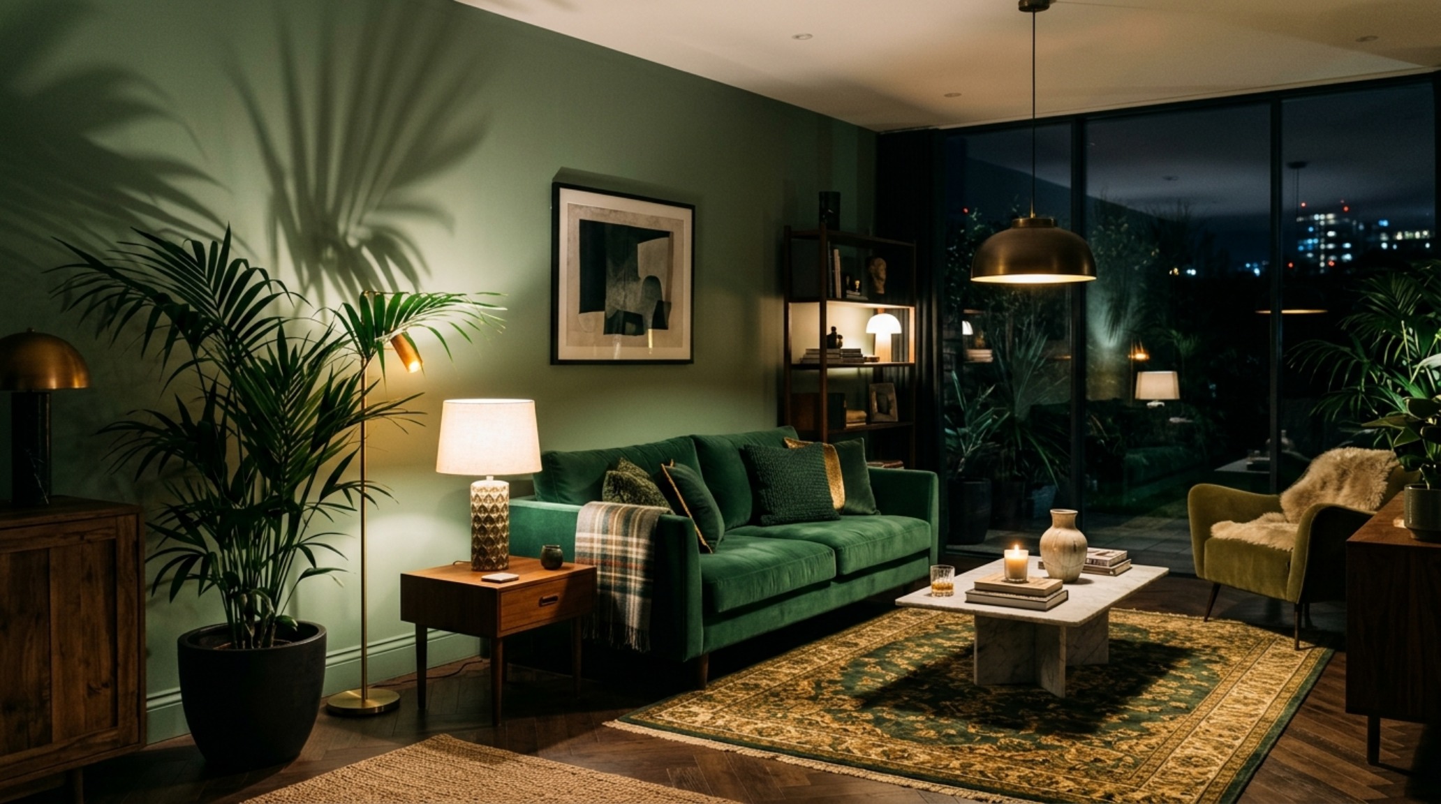 Dramatic evening lighting in a green-themed study with 2700K warm ambient lamps and uplighting on a large Monstera plant for architectural depth.