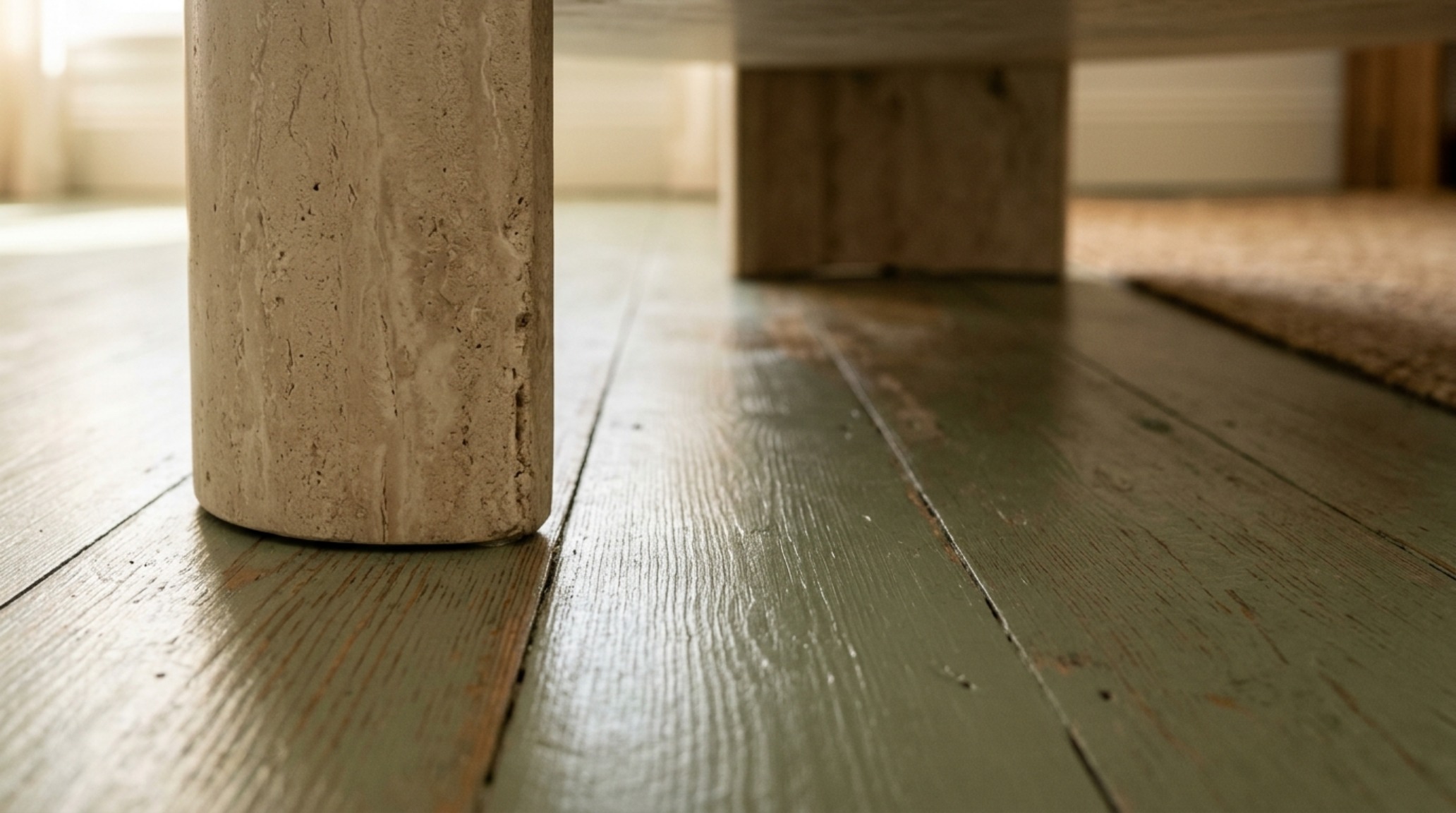 Close-up of a matte-finished painted floor meeting a fluted white oak baseboard, showing tactile grain and shadow play.