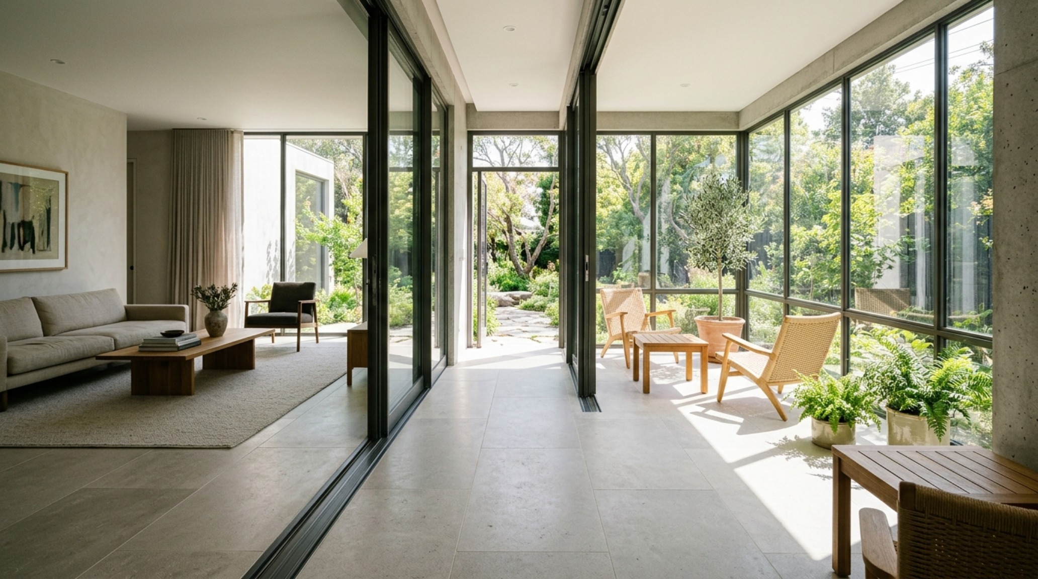 Architectural view of the transition from a living room to an enclosed porch showing 36-inch primary circulation paths and a seamless limestone floor threshold.