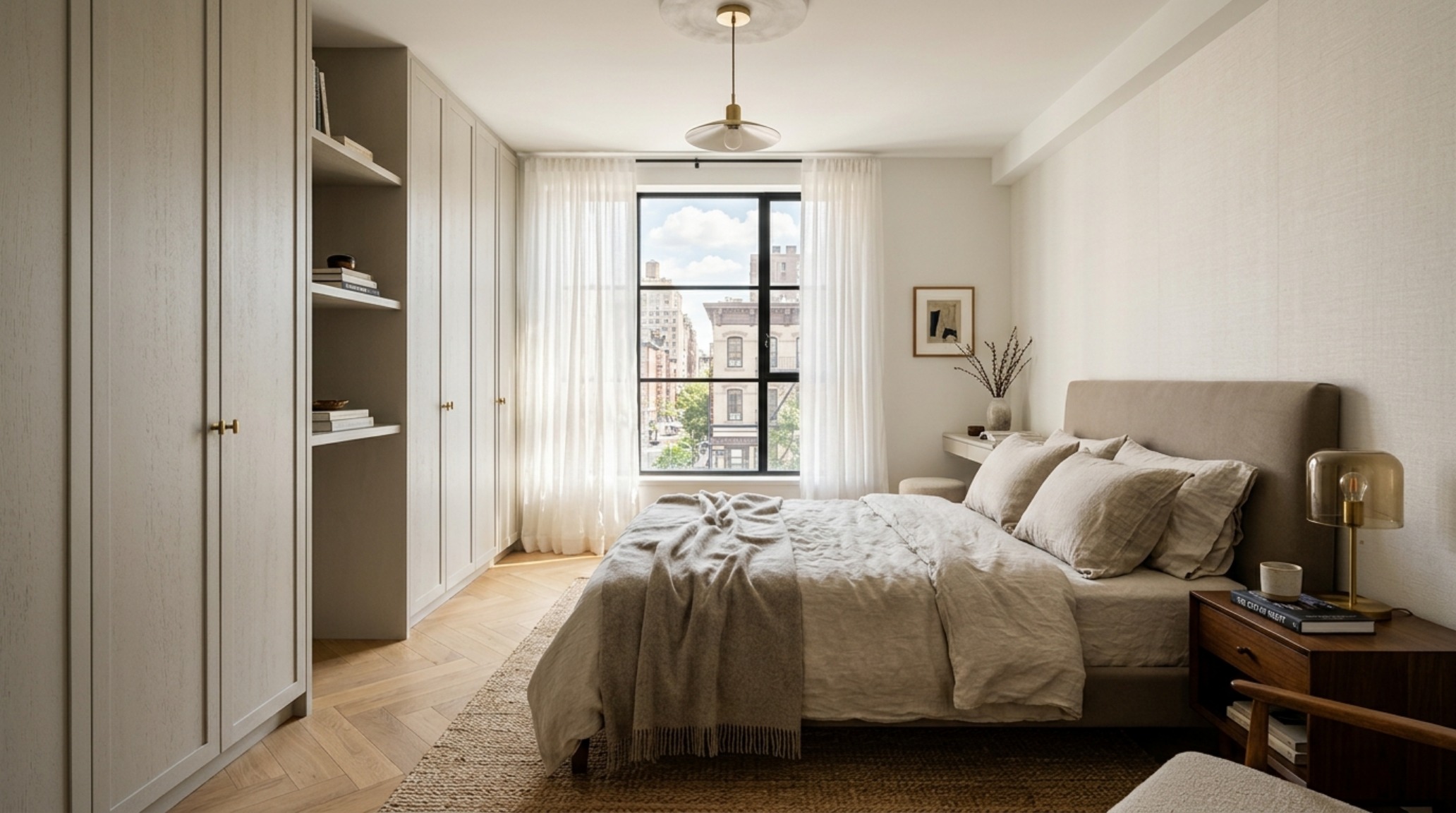 Small space Kroesser Strat New York apartment decor ideas for a bedroom with integrated floor-to-ceiling storage and linen drapery. Small space Kroesser Strat New York apartment decor ideas for a bedroom with integrated floor-to-ceiling storage and linen drapery.