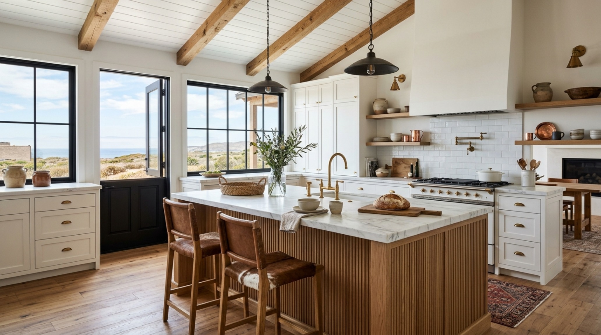 Gourmet kitchen with fluted white oak cabinetry, unlacquered brass hardware, and 3000K task lighting, showcasing coastal cowgirl design trend decor ideas layout.