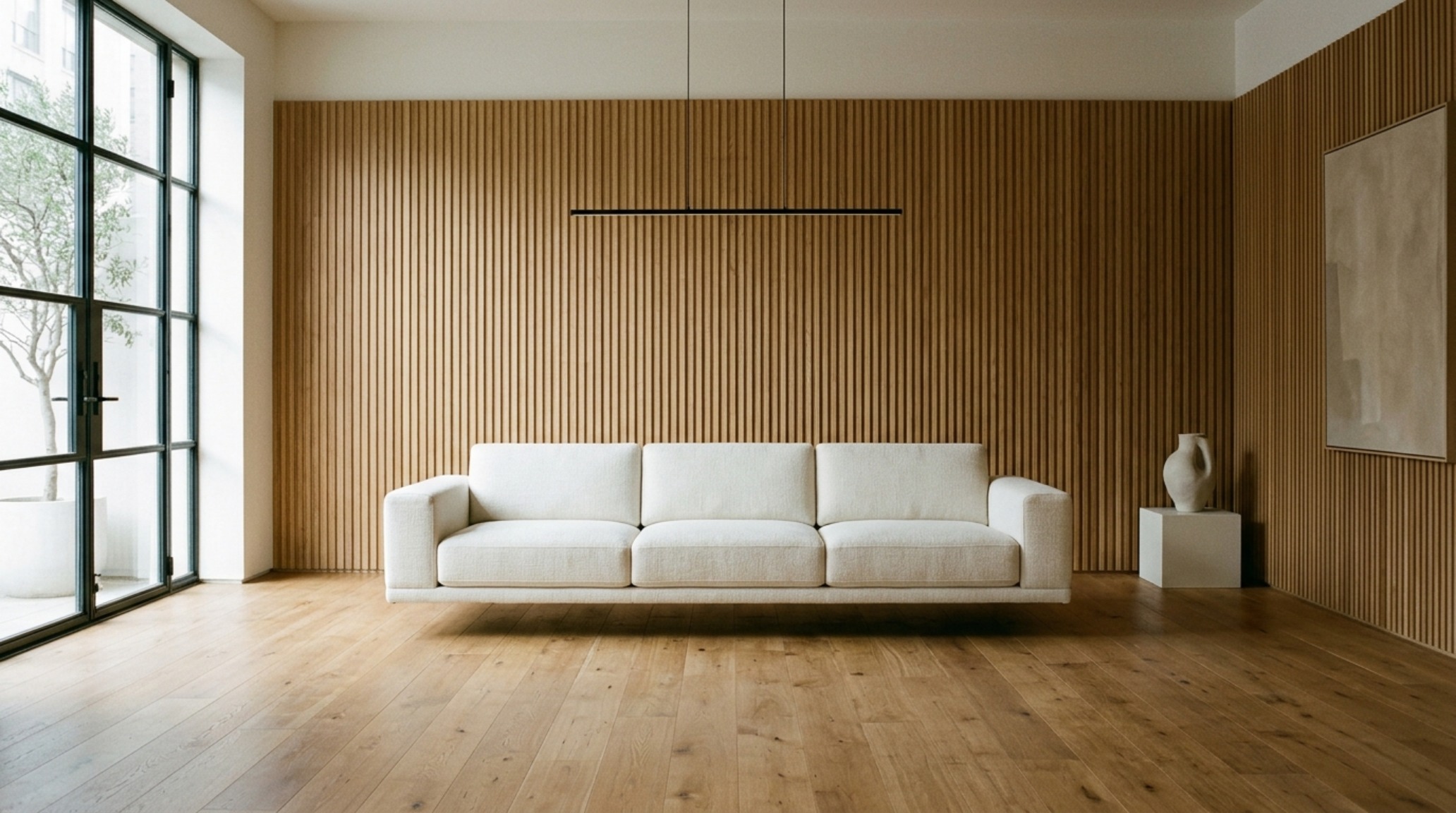 Minimalist living space featuring a floating 7th Avenue sofa with a 12-inch gap from the wall, styled with fluted white oak accents and negative space breathing room.