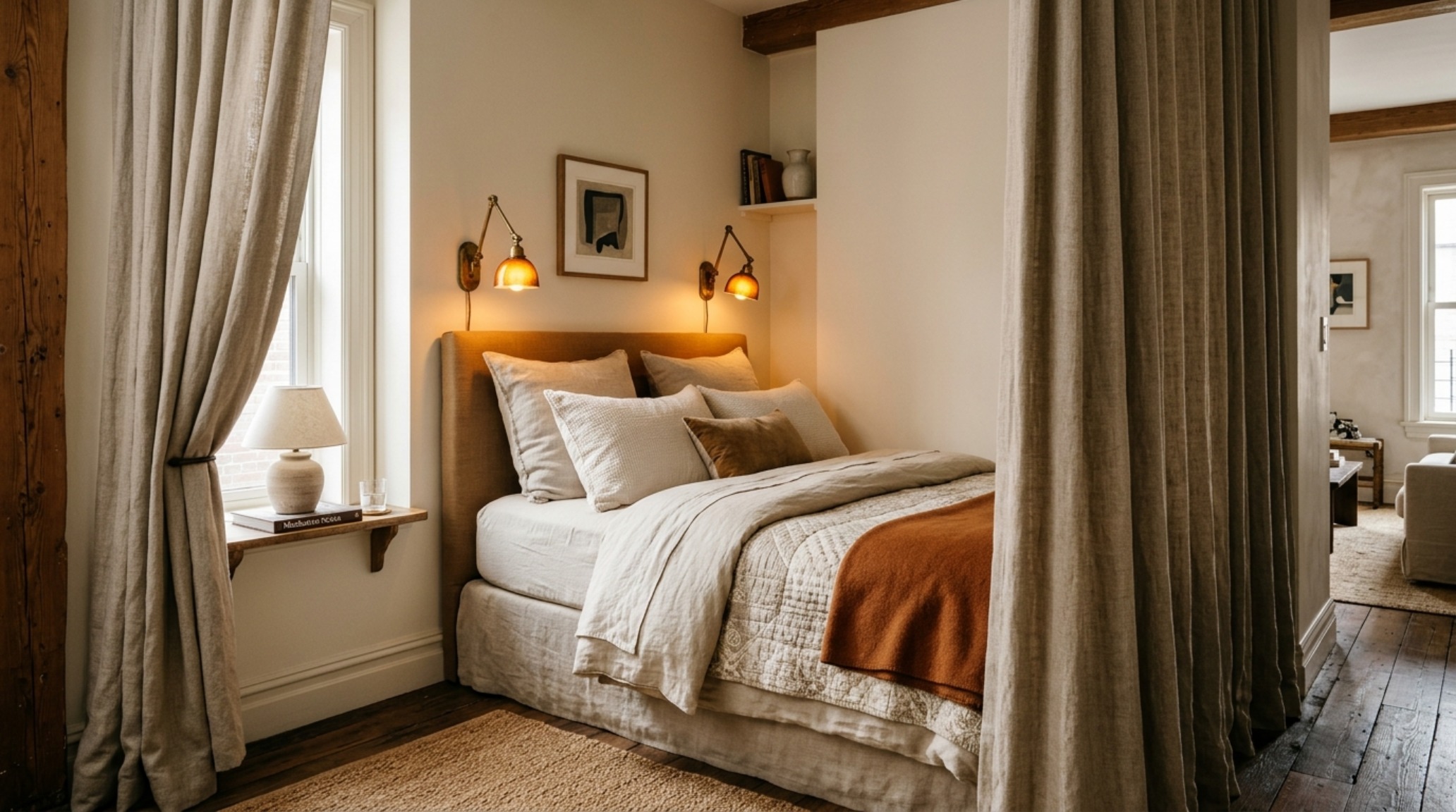 A cozy sleeping nook featuring floor-to-ceiling Belgian linen drapery and wall-mounted brass sconces for a luxurious, space-saving lighting solution.