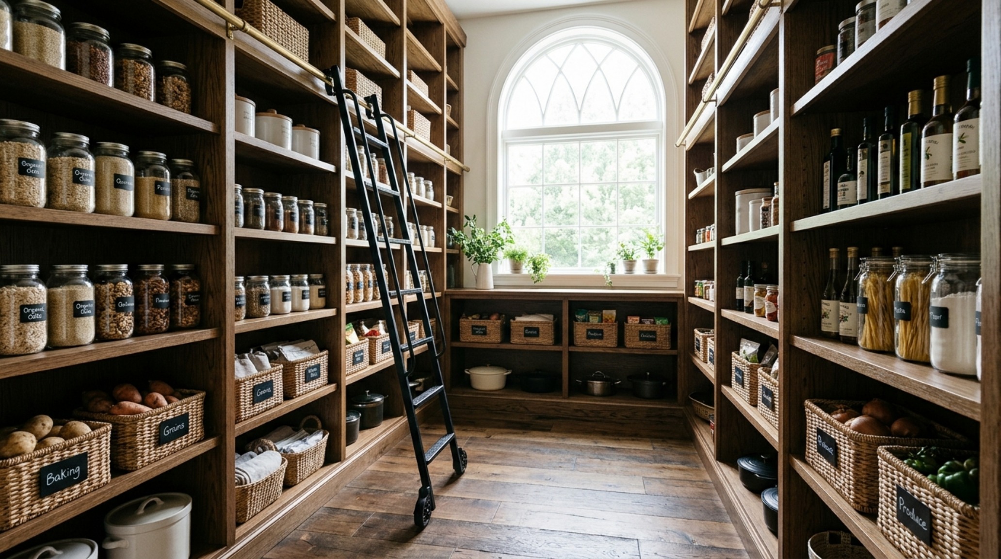 Floor-to-ceiling pantry shelving with a rolling ladder and uniform bin organization, showcasing small pantry organization ideas for high-ceiling spaces.