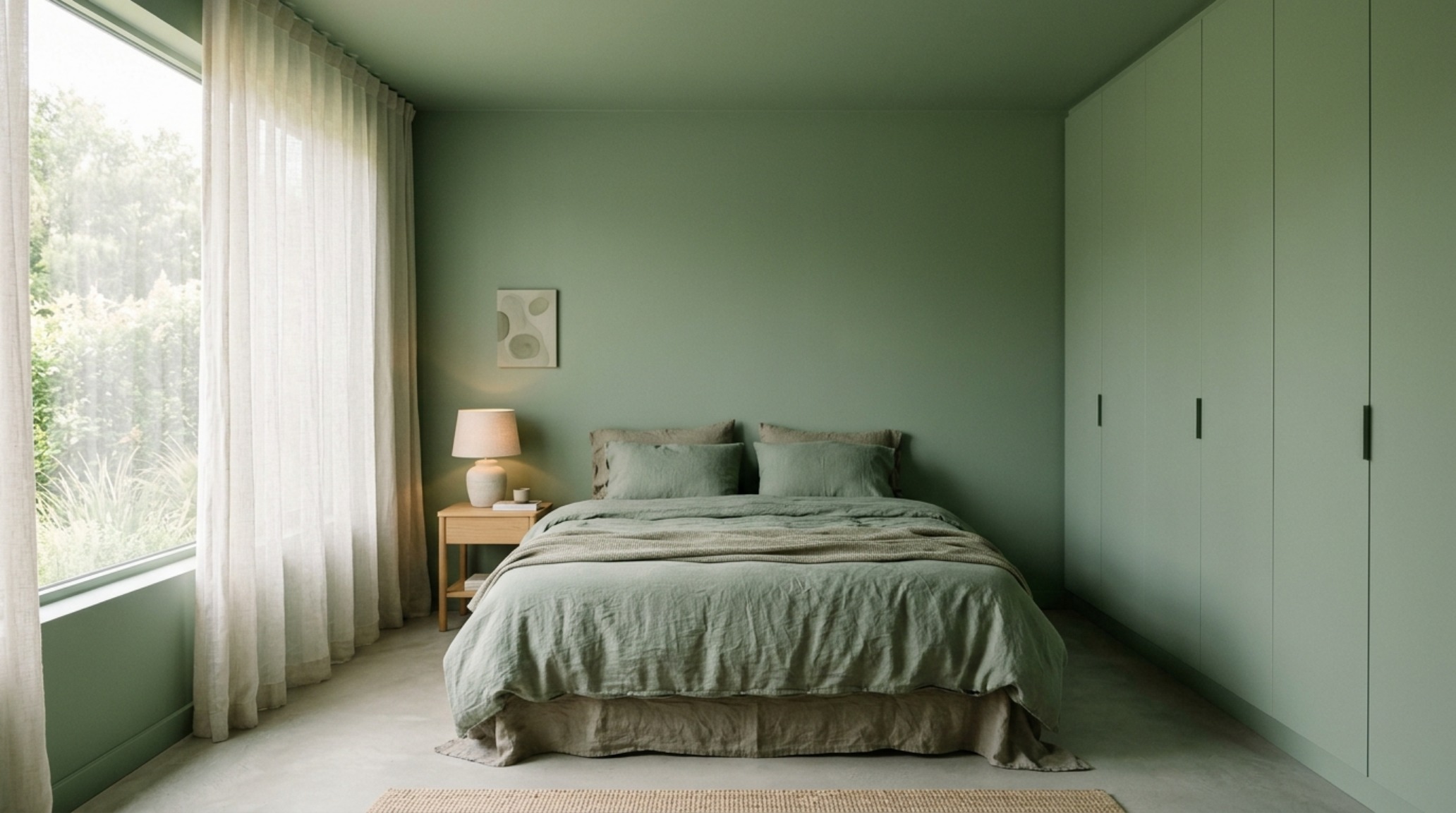 An editorial bedroom view showing a monochromatic flat paint application on walls and trim to demonstrate small space flat paint decor ideas and visual expansion.