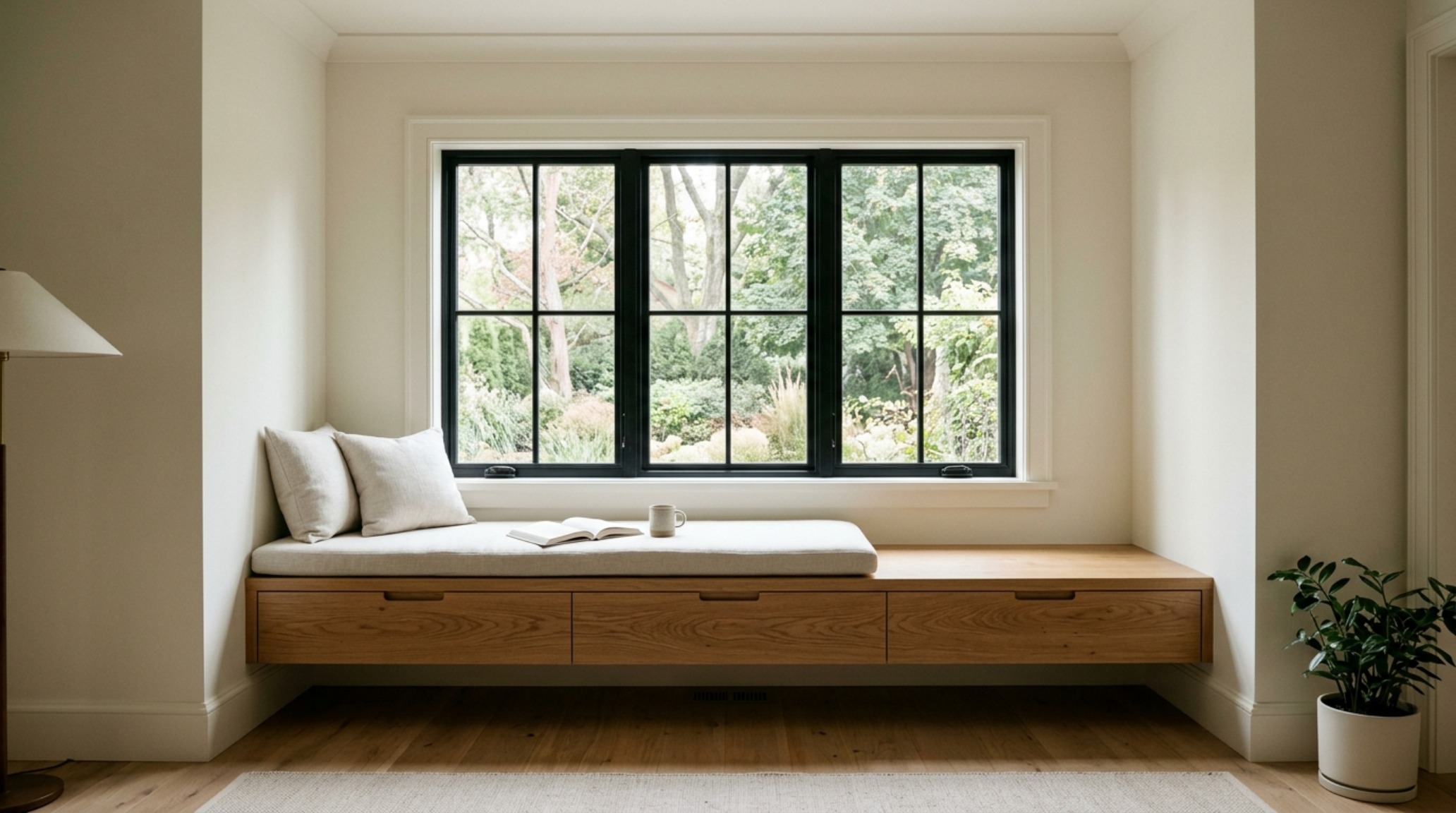 Modern bedroom featuring a floating bench with integrated storage drawers in a monochromatic Warm Alabaster palette. Modern bedroom featuring a floating bench with integrated storage drawers in a monochromatic Warm Alabaster palette.