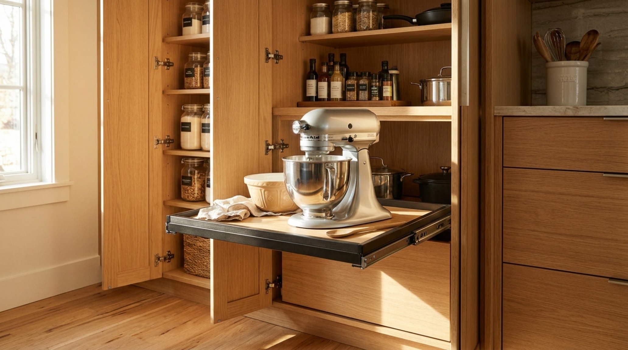 A hidden appliance garage with a pull-out tray inside a pantry, illustrating small pantry organization ideas ergonomics for heavy mixers.
