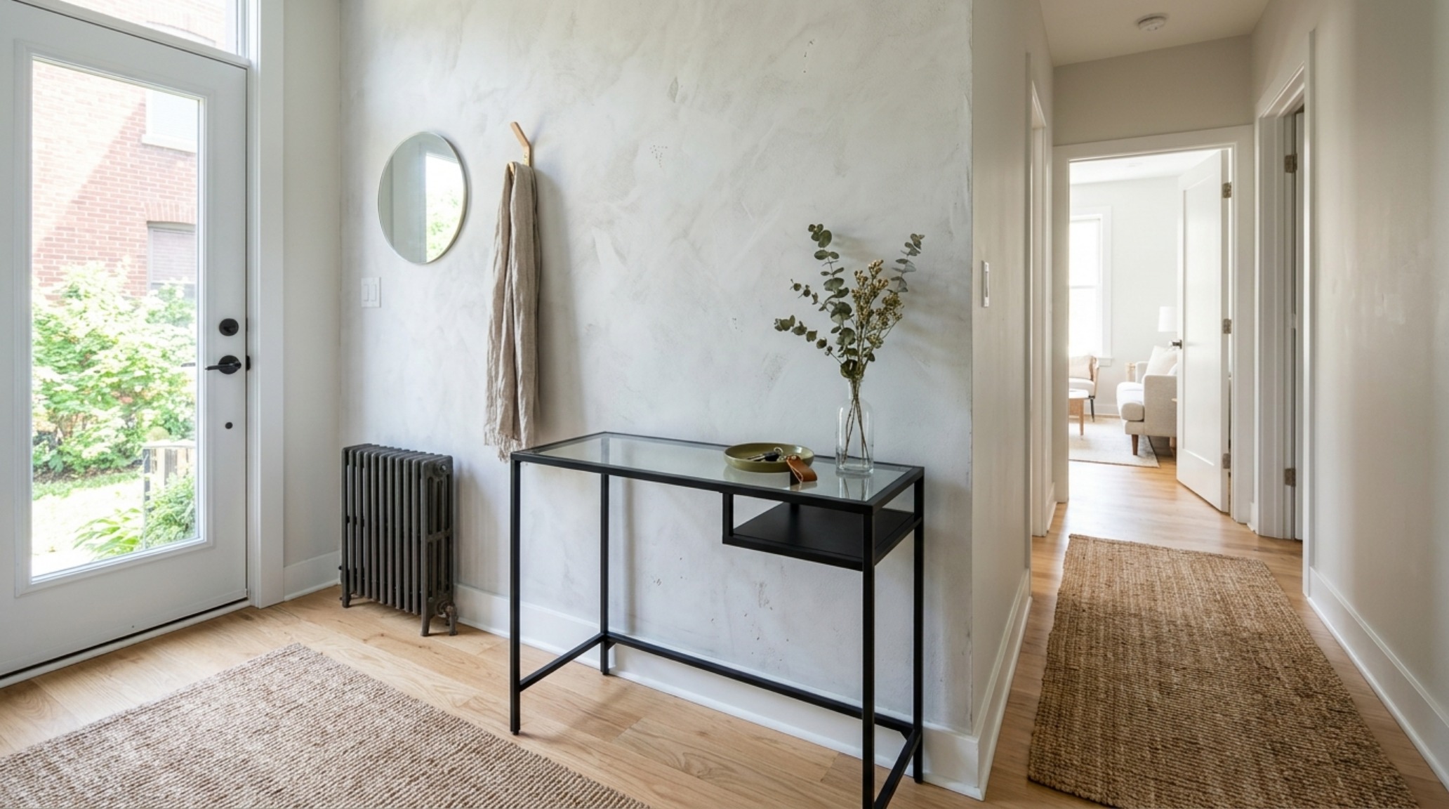 A clean entryway setup using the ikea vittsjoe side table for small decor ideas to maintain 36-inch walkway clearance in a small foyer.