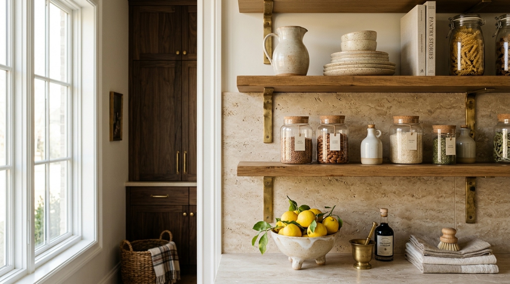 A boutique pantry corner with a honed marble backsplash and unlacquered brass hardware reflecting luxury small pantry organization ideas textures. A boutique pantry corner with a honed marble backsplash and unlacquered brass hardware reflecting luxury small pantry organization ideas textures.