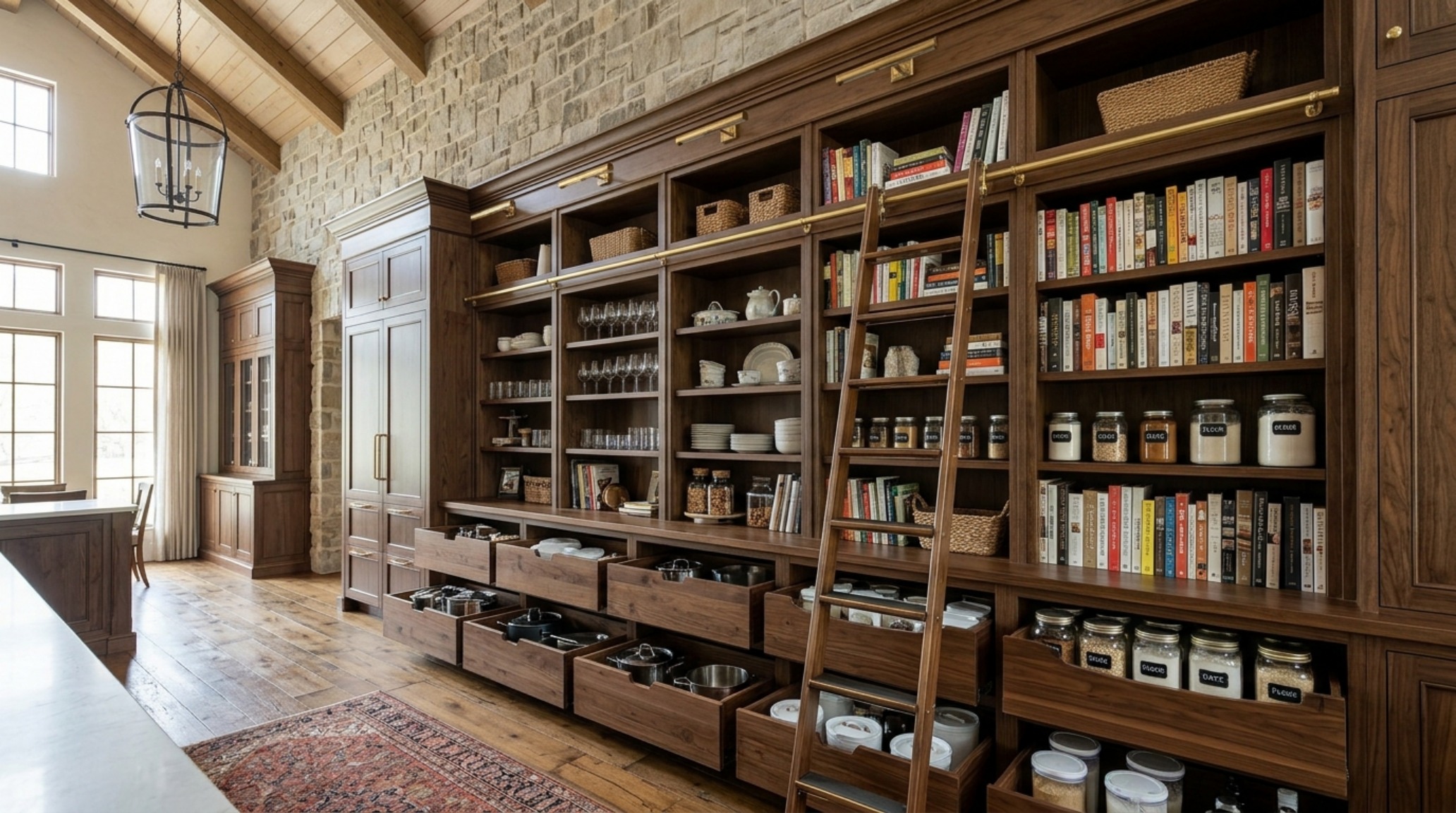 A space-saving pantry layout featuring full-extension pull-out drawers and a library ladder for high-reach access.