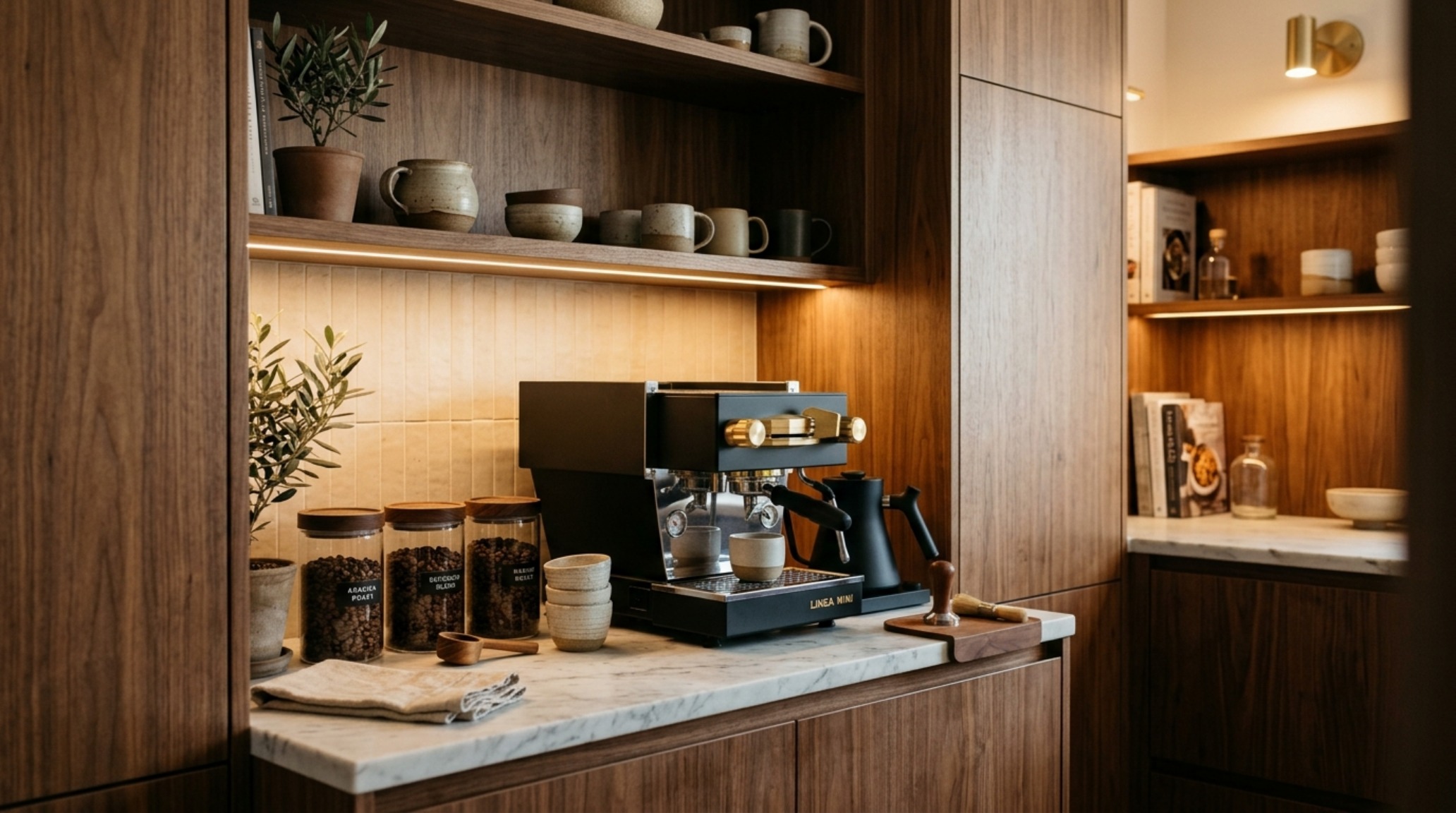 A dedicated breakfast station built into a pantry with an 18-inch marble landing zone and warm 2700K integrated shelf lighting.