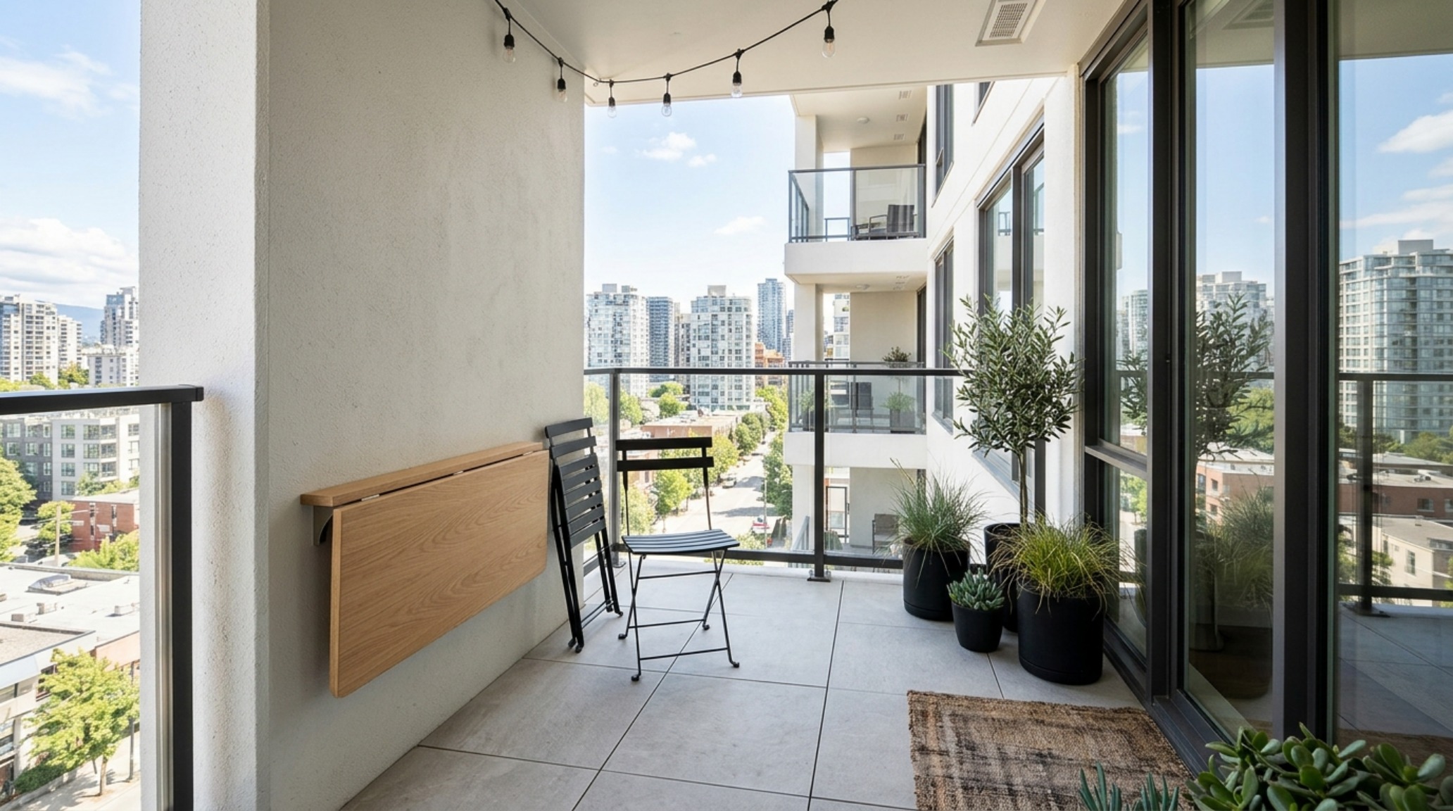 Architectural view of a small balcony layout using a rail-mounted bar table to maximize floor space and maintain a 36-inch primary circulation path. Architectural view of a small balcony layout using a rail-mounted bar table to maximize floor space and maintain a 36-inch primary circulation path.