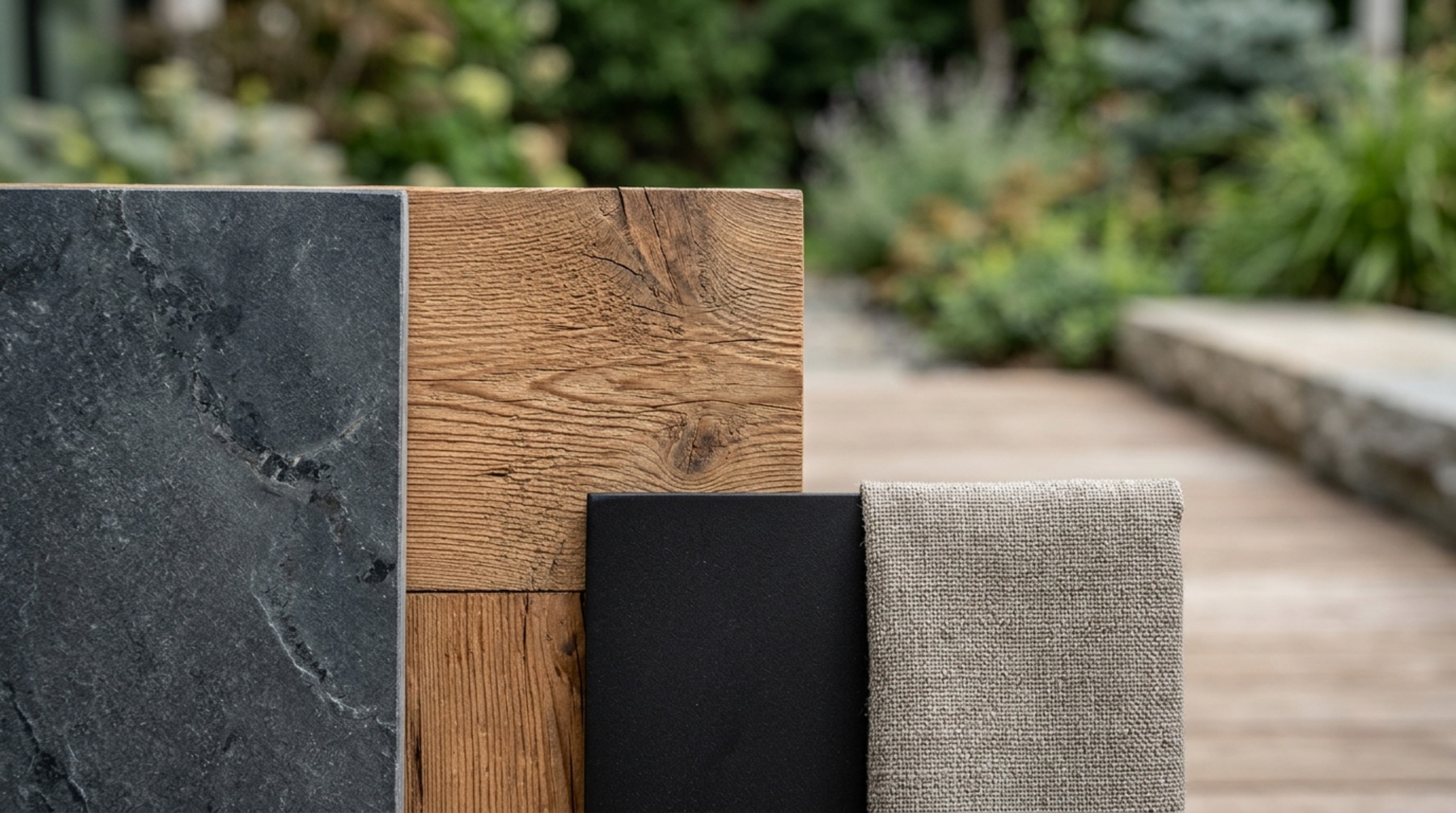 Detail shot of tactile materials including honed bluestone pavers, natural cedar pillars, and fluted outdoor planters for a luxury porch aesthetic. Detail shot of tactile materials including honed bluestone pavers, natural cedar pillars, and fluted outdoor planters for a luxury porch aesthetic.