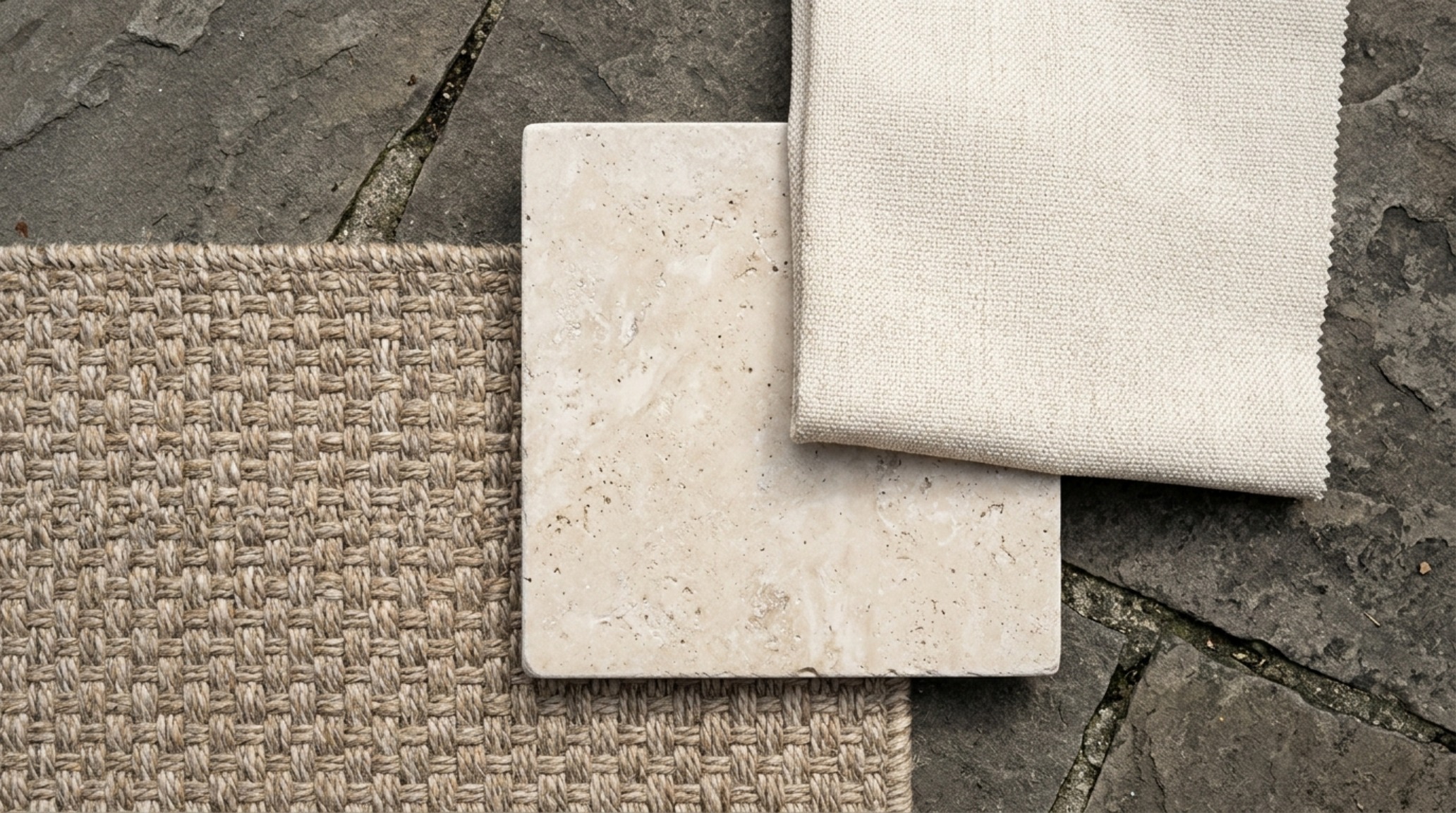 Tactile detail of performance linen cushions and a weather-resistant outdoor rug in a neutral palette of Swiss Coffee and Slate Charcoal. Tactile detail of performance linen cushions and a weather-resistant outdoor rug in a neutral palette of Swiss Coffee and Slate Charcoal.