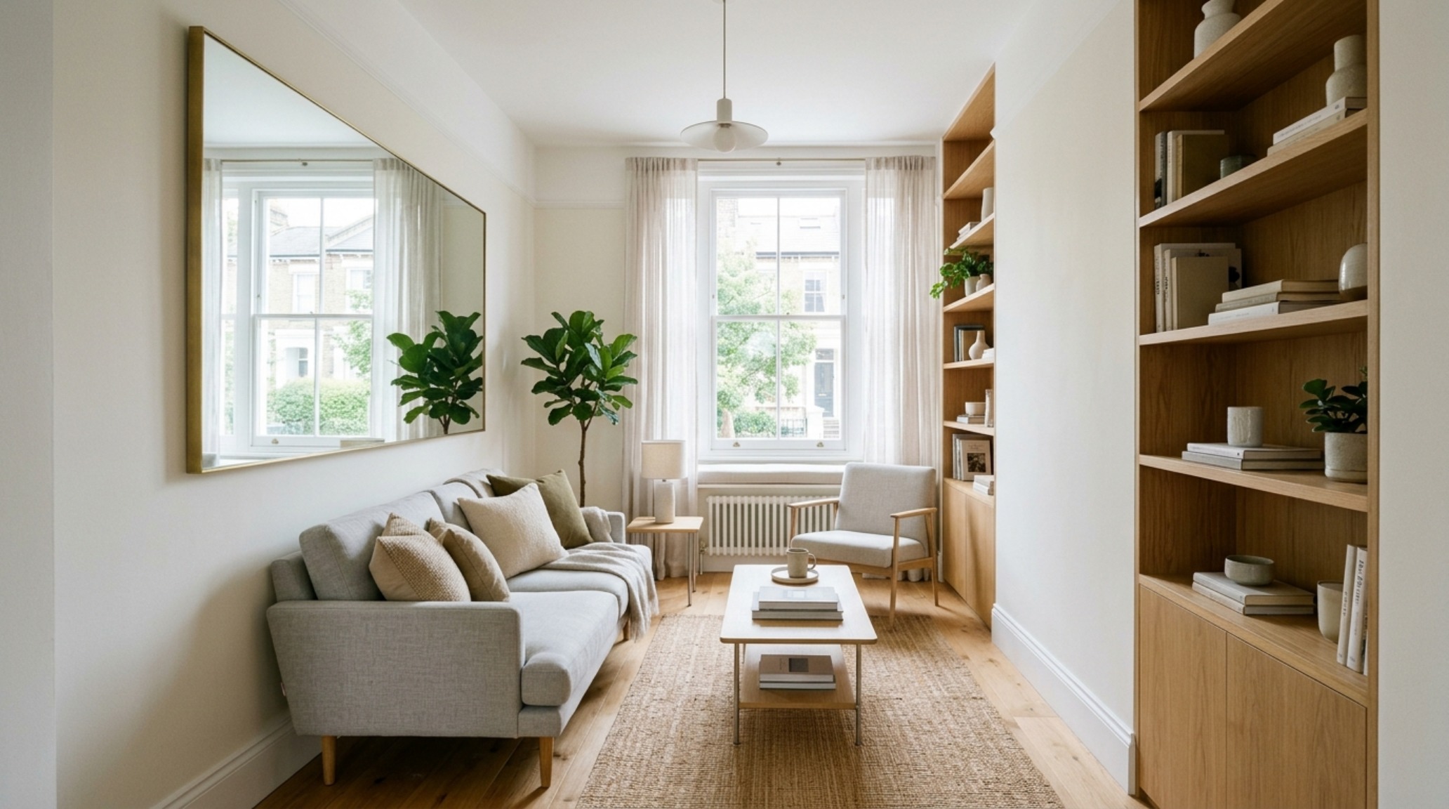 Modern small space 3d living room designer ideas featuring visual lightness through legged furniture and strategic mirror placement to maximize spatial perception.