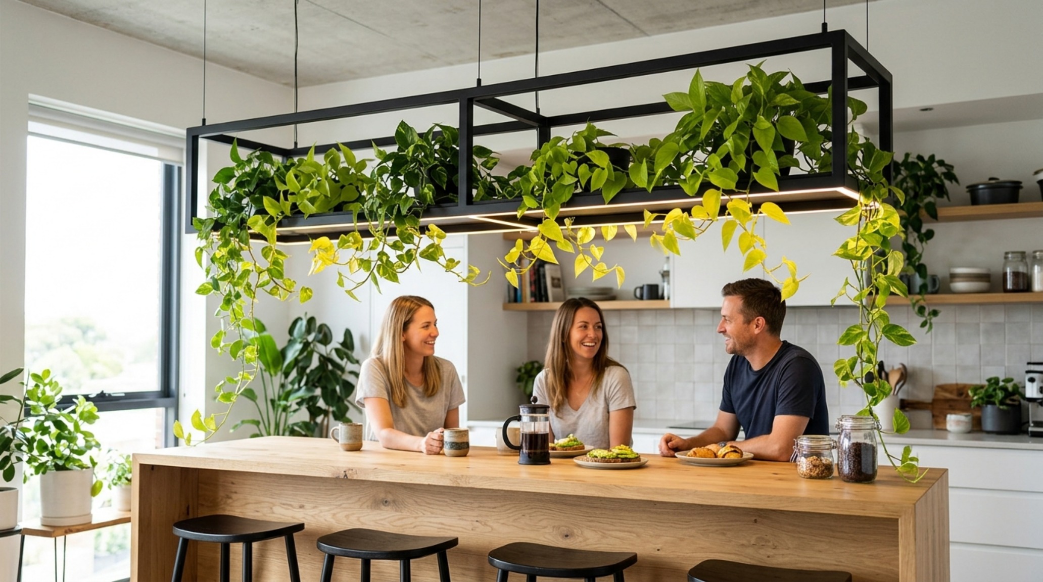 modern unique hanging lights ideas with integrated plant shelving and warm 2700K LED illumination in a sunlit breakfast nook modern unique hanging lights ideas with integrated plant shelving and warm 2700K LED illumination in a sunlit breakfast nook