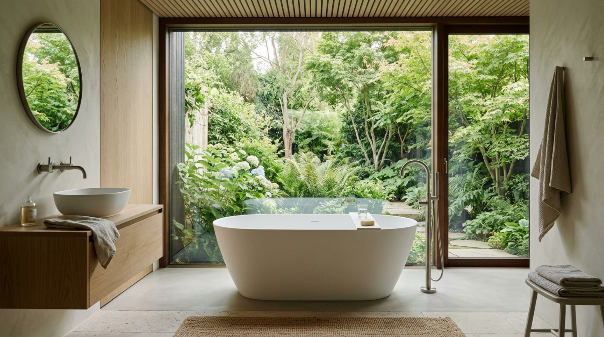 modern interior design ideas for bathrooms ideas with a freestanding resin bathtub positioned near a large floor-to-ceiling window for natural illumination modern interior design ideas for bathrooms ideas with a freestanding resin bathtub positioned near a large floor-to-ceiling window for natural illumination
