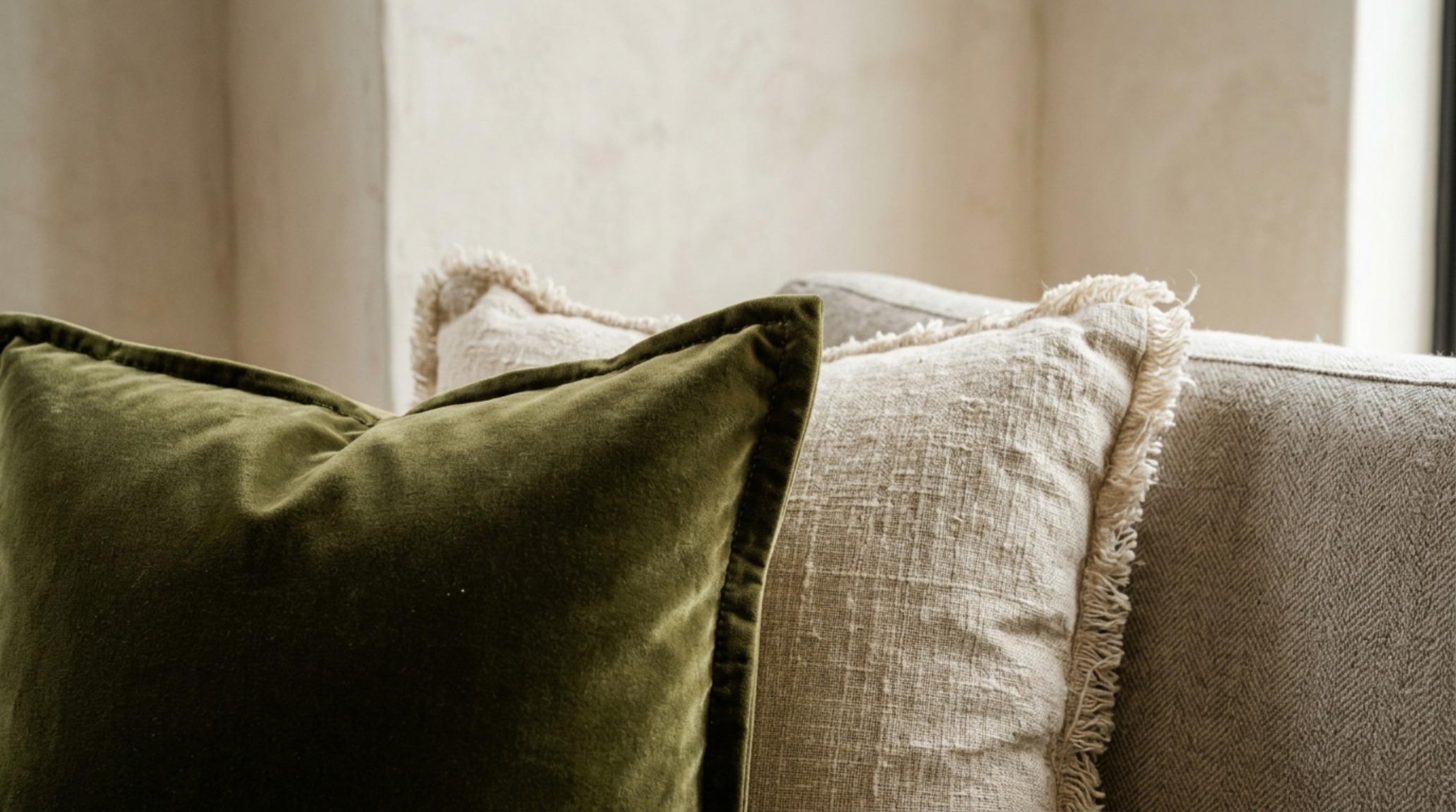 luxury interior design advice textures highlighting the contrast between a heavy Belgian linen sofa and a smooth plaster wall in Setting Plaster pink. luxury interior design advice textures highlighting the contrast between a heavy Belgian linen sofa and a smooth plaster wall in Setting Plaster pink.