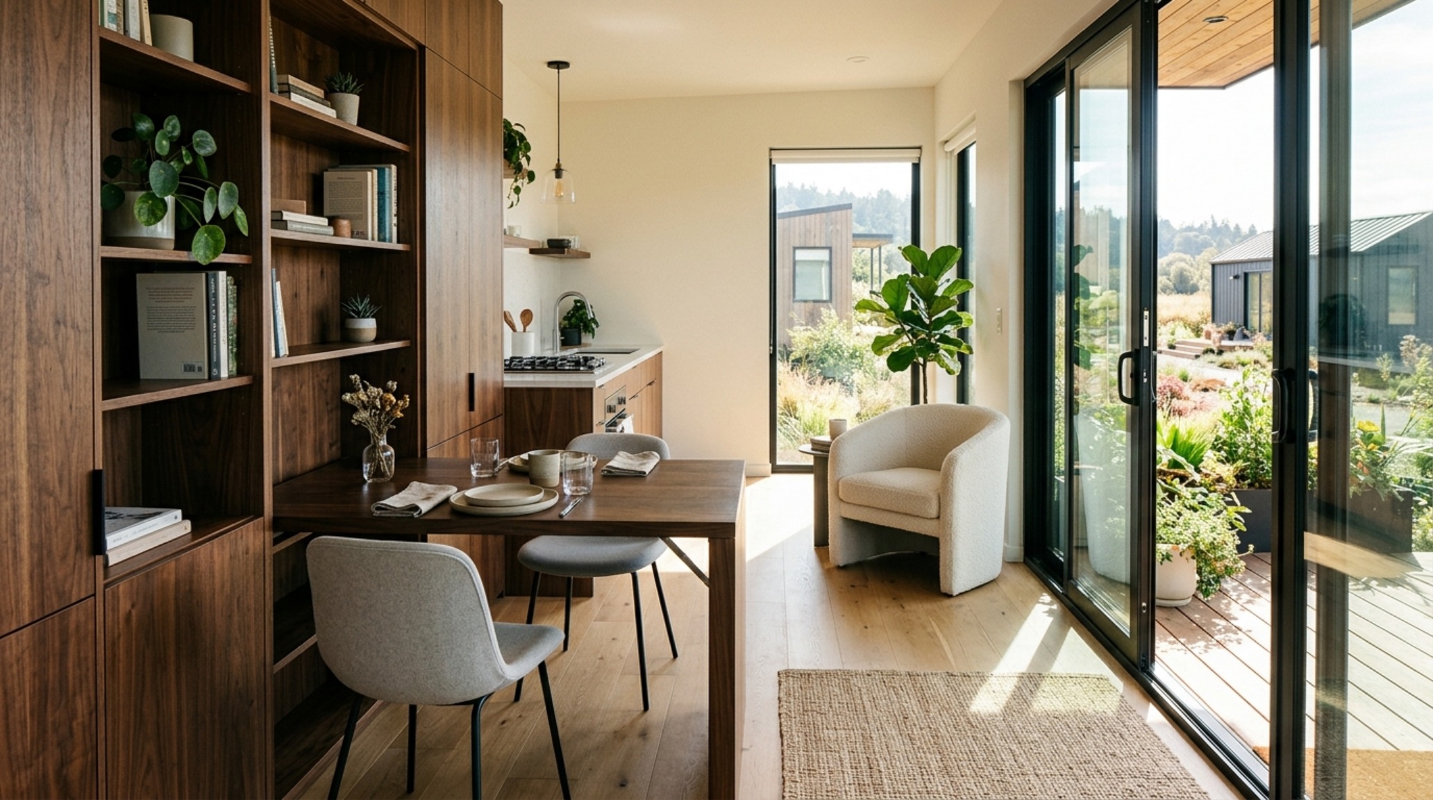 Modern small modular homes ideas of a transformable dining area with a fold-out walnut table and ergonomic 30-inch chair clearances. Modern small modular homes ideas of a transformable dining area with a fold-out walnut table and ergonomic 30-inch chair clearances.